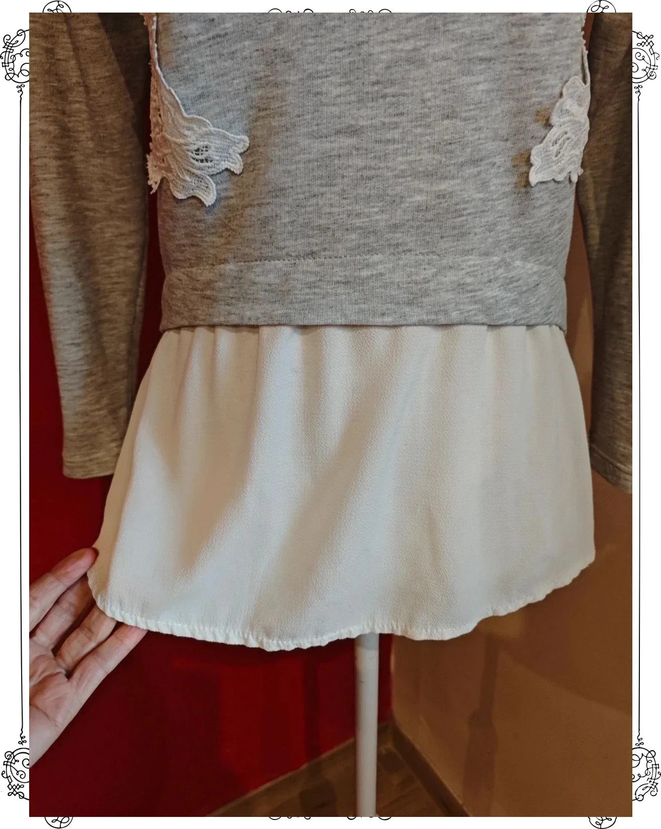 🌺Camiseta de algodón gris con aplicaciones de crochet y abajo delante tela ligera blanca – Vintage Dressing – taille L / 40 / 12 5