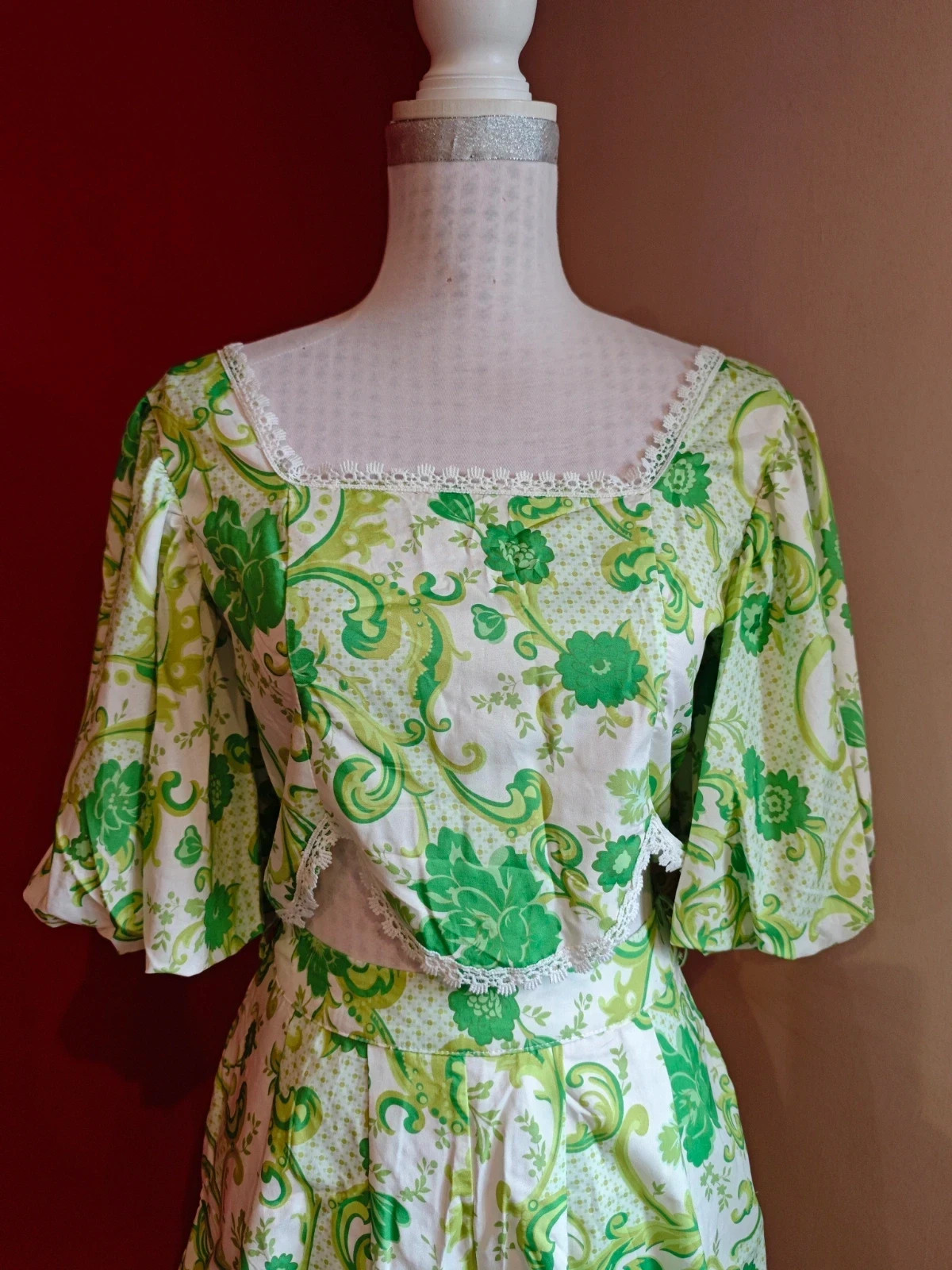 🌺 Original conjunto de crop top y short estampado verde y blanco con crochet en borde, talla M – Flam Mode – taille M / 38 / 10 3