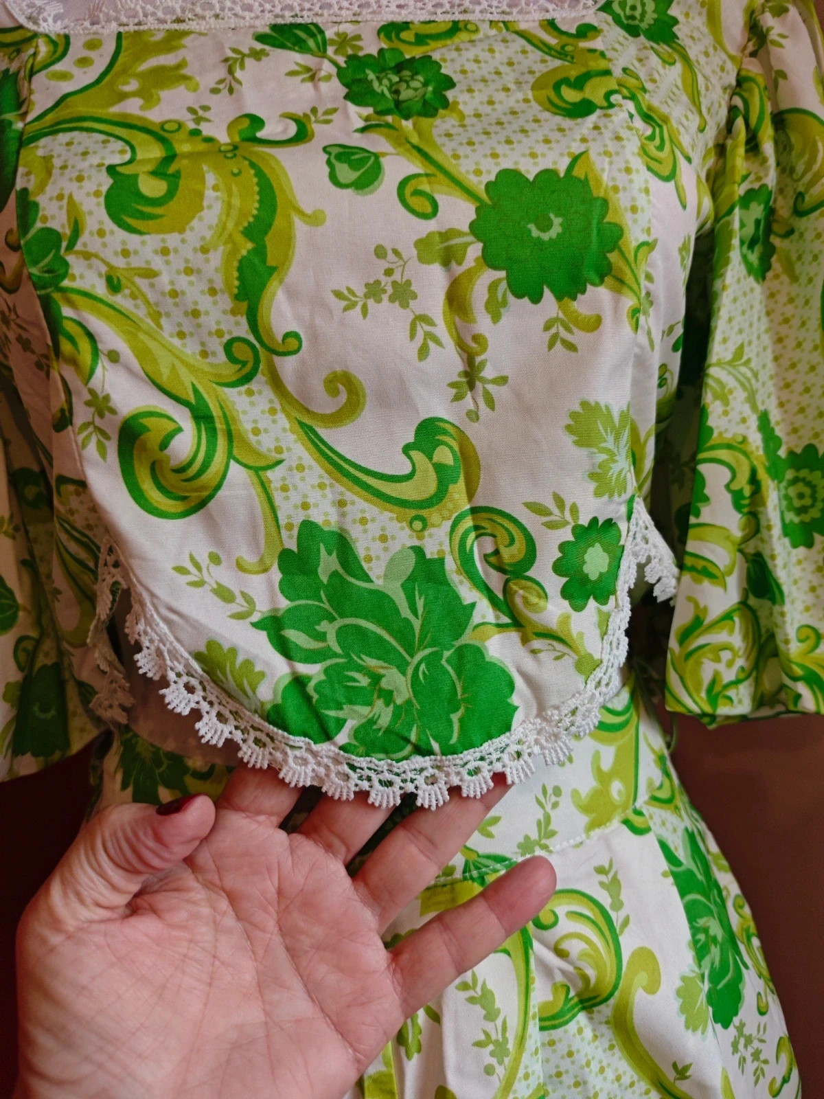 🌺 Original conjunto de crop top y short estampado verde y blanco con crochet en borde, talla M – Flam Mode – taille M / 38 / 10 5