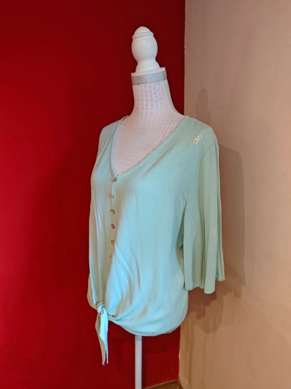 🌺 Camisa verde clarito atada con lazo delante, talla 46 – Boutique Italiana – taille XXXL / 46 / 18 2