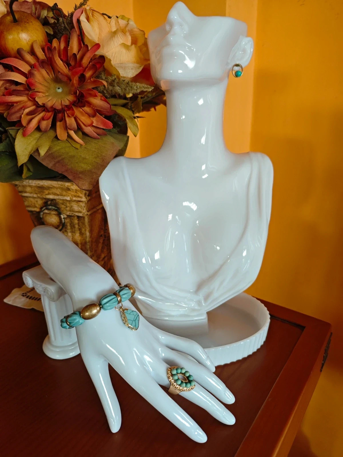 🌺 Conjunto de pulsera, pendientes y anillo dorado y turquesa – Bijou Brigitte 2