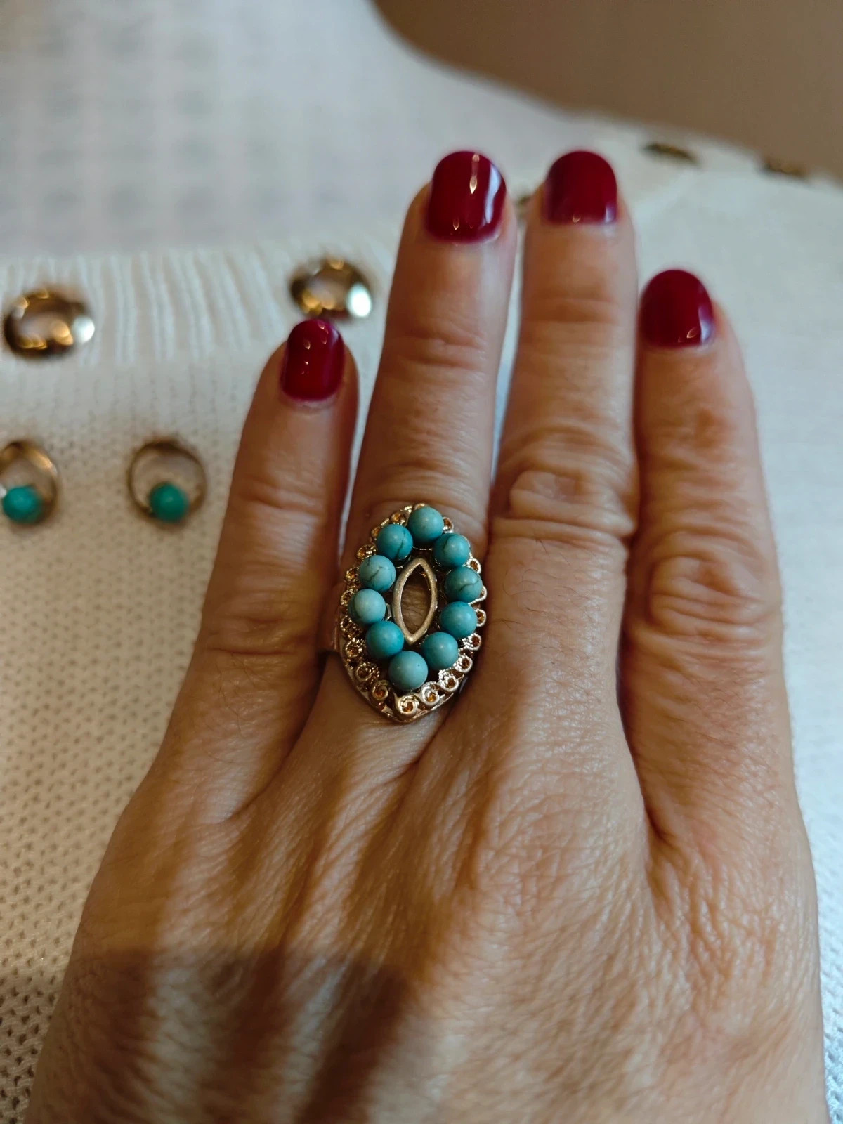 🌺 Conjunto de pulsera, pendientes y anillo dorado y turquesa – Bijou Brigitte 5