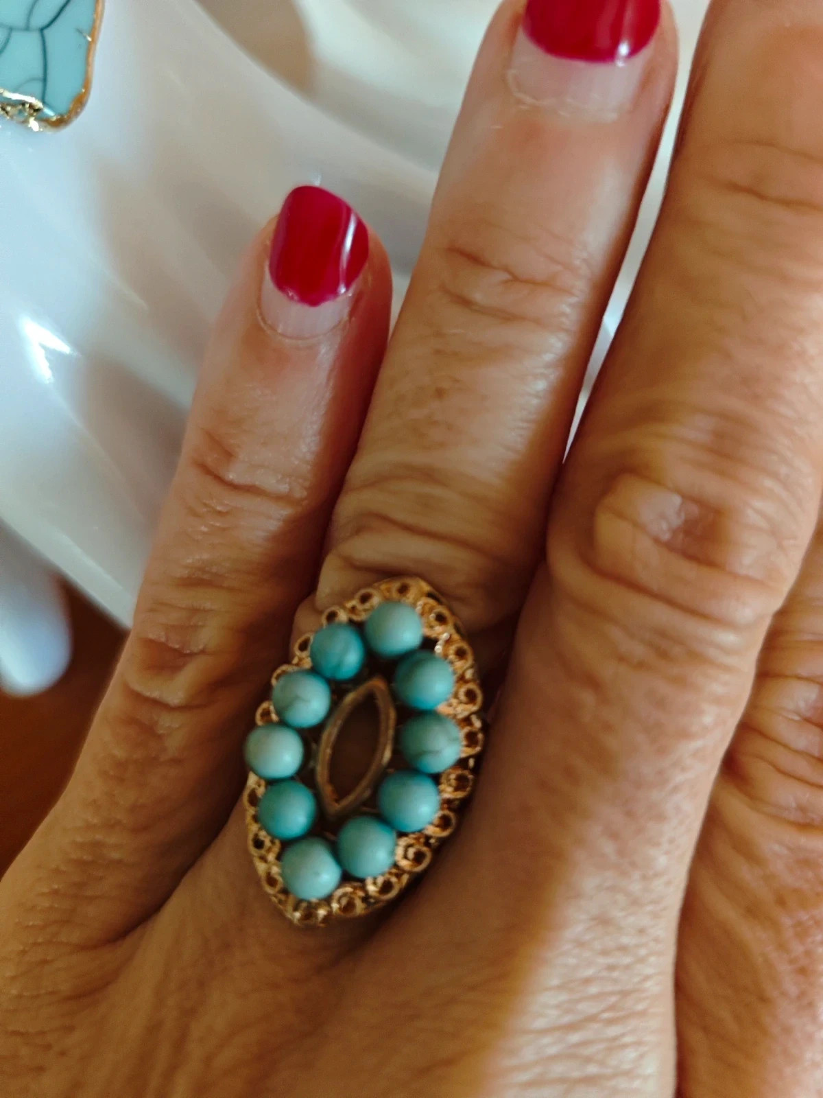 🌺 Conjunto de pulsera, pendientes y anillo dorado y turquesa – Bijou Brigitte 4