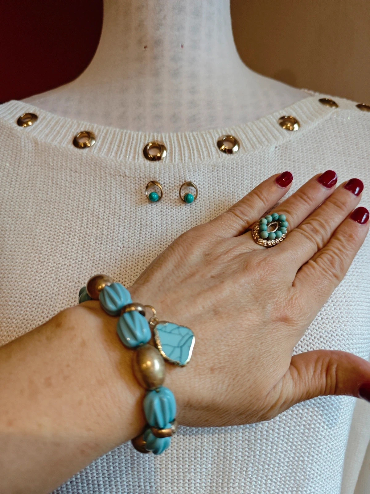 🌺 Conjunto de pulsera, pendientes y anillo dorado y turquesa
