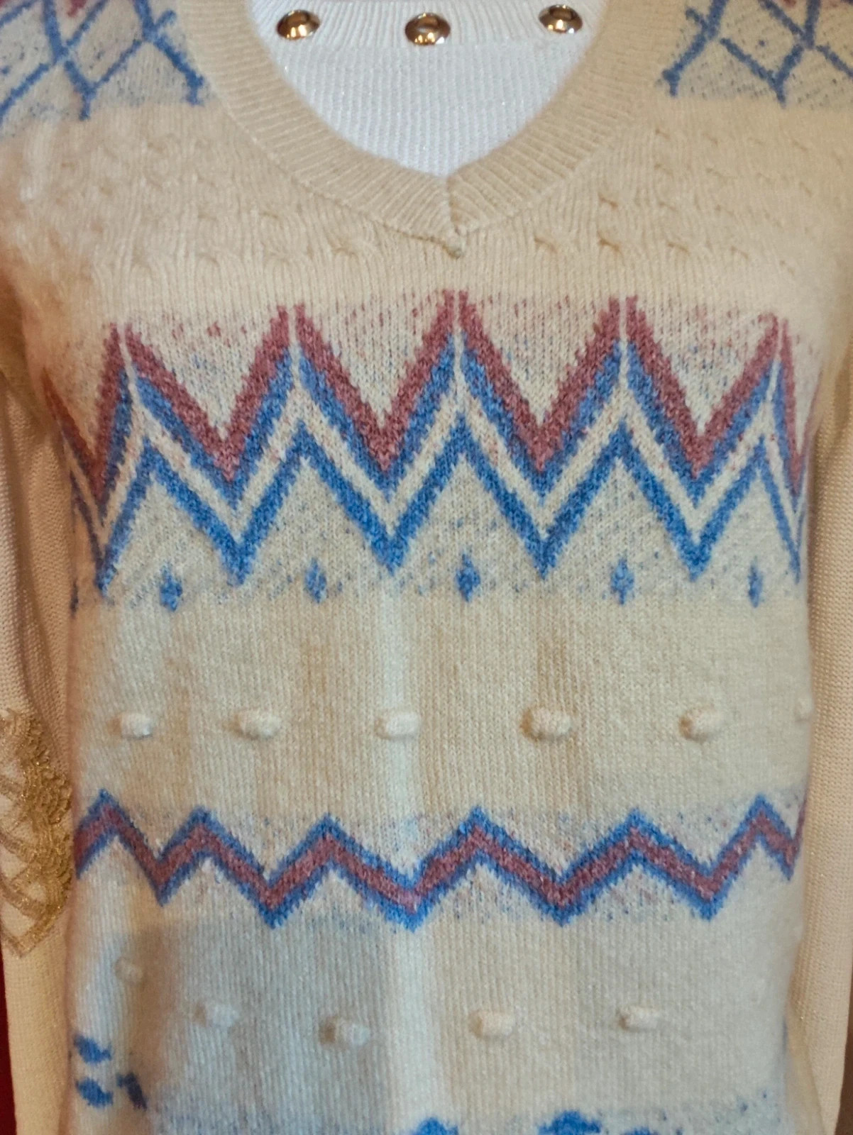 🌺 Bonito chaleco de punto muy suave beige con grecas azul y rosa – Corazon – taille XL / 42 / 14 4
