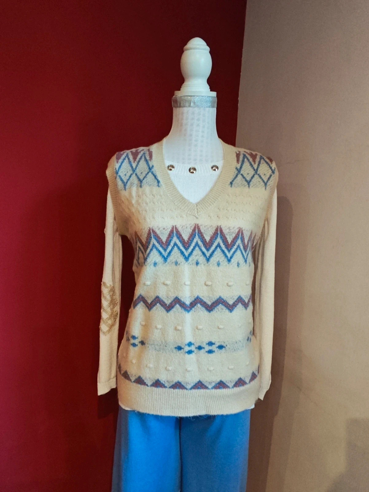 🌺 Bonito chaleco de punto muy suave beige con grecas azul y rosa – Corazon – taille XL / 42 / 14 2