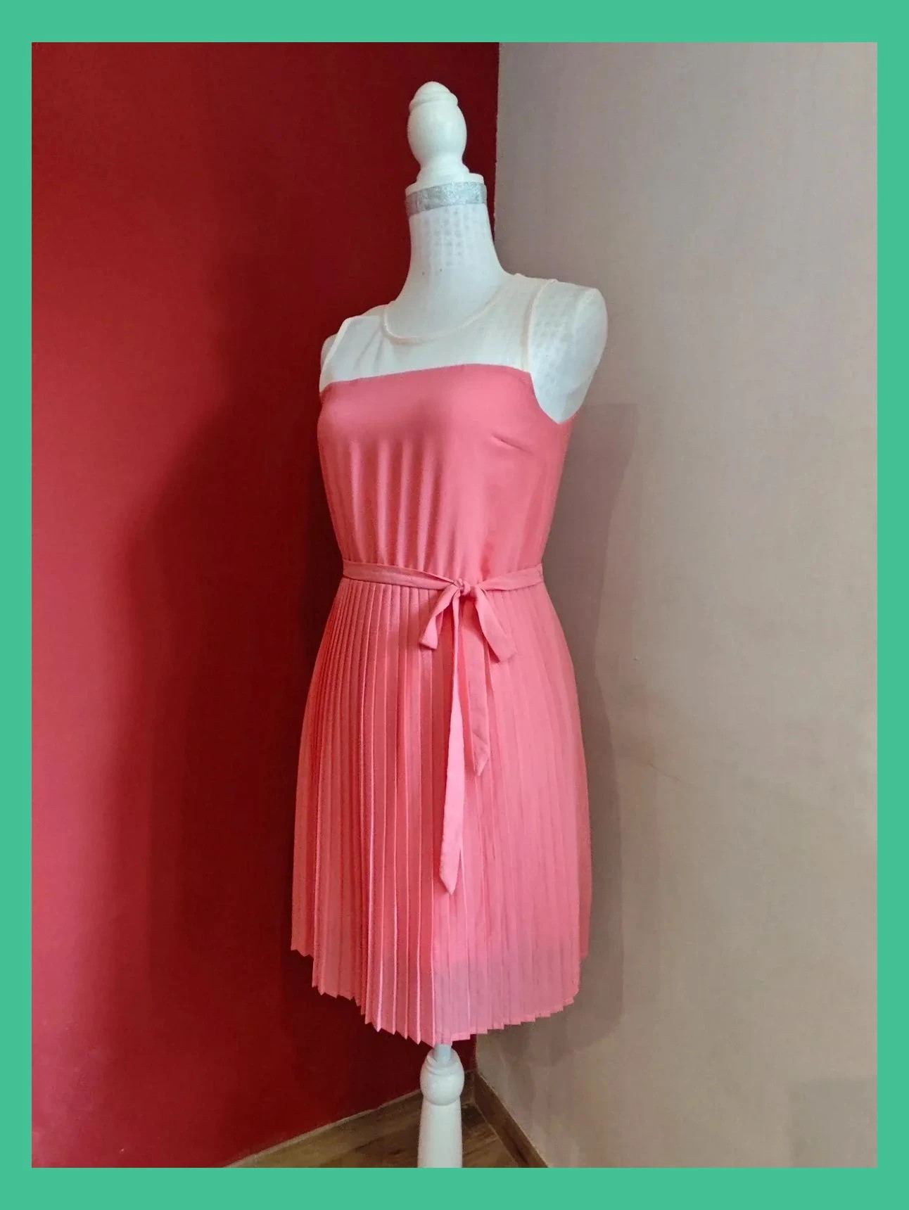 🌺 Elegante vestido de gasa tono coral con parte superior crema transparente – Even&Odd – taille M / 38 / 10 2