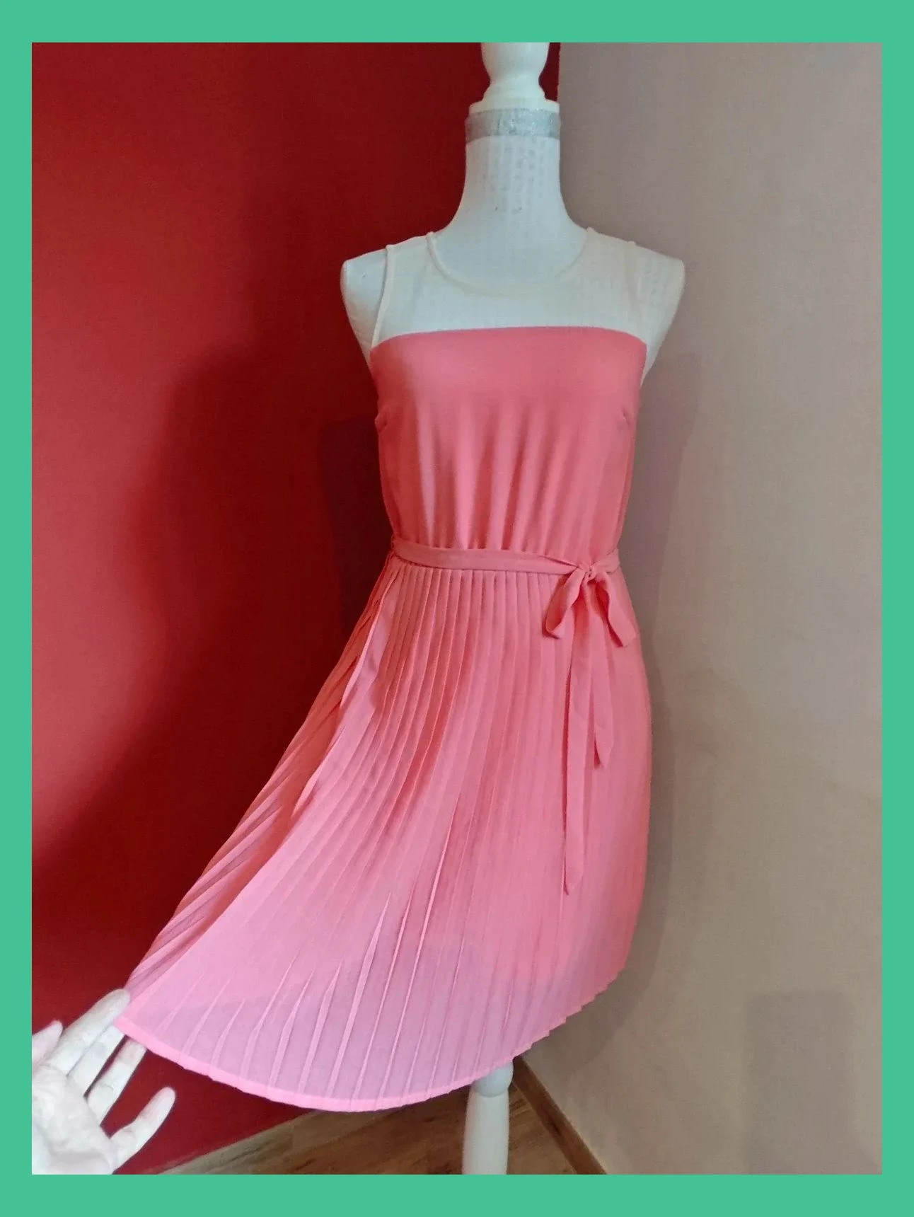 🌺 Elegante vestido de gasa tono coral con parte superior crema transparente – Even&Odd – taille M / 38 / 10 3