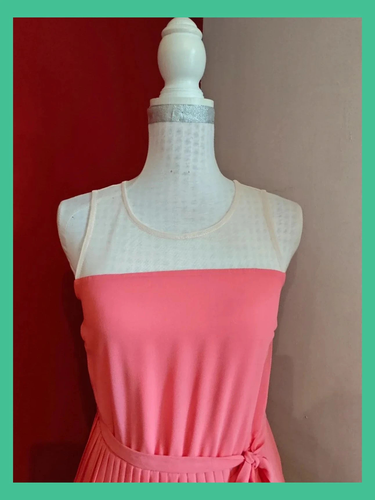 🌺 Elegante vestido de gasa tono coral con parte superior crema transparente – Even&Odd – taille M / 38 / 10 4