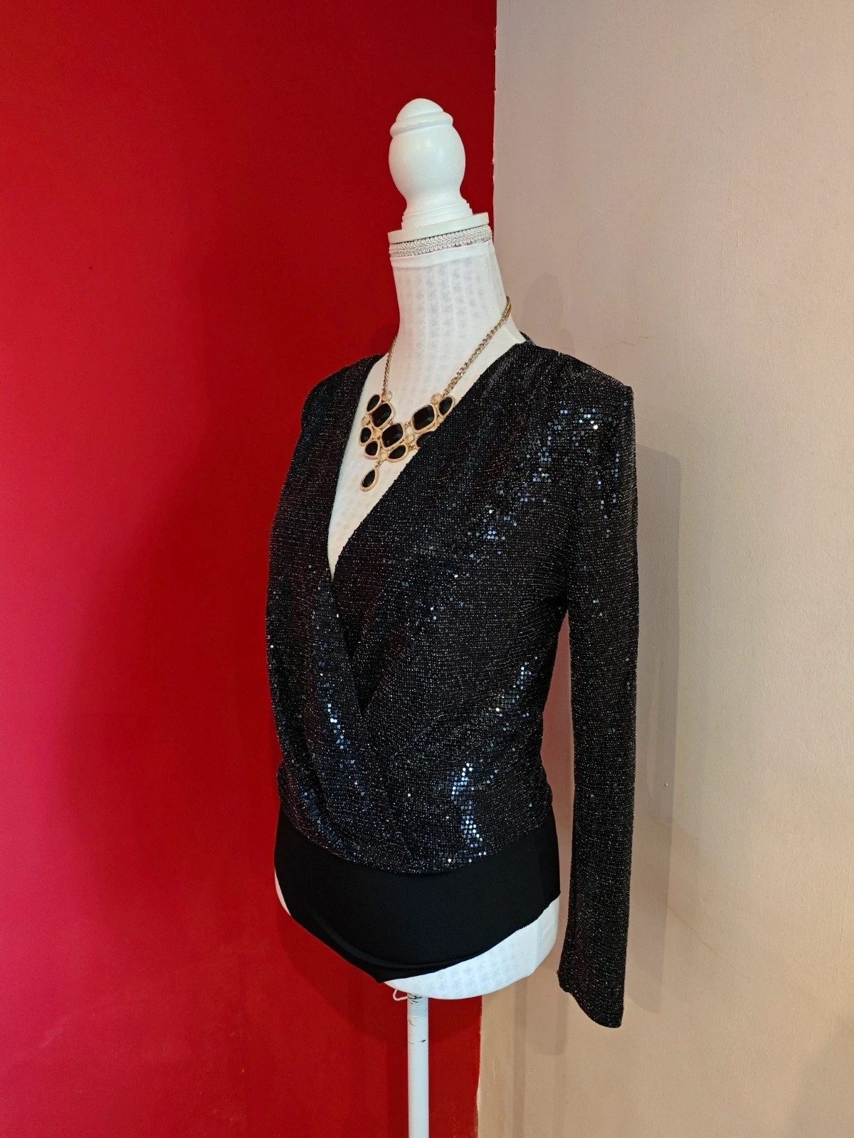 🌺 Elegante Body negro brillante con micro lentejuelas – Green Coast – taille M / 38 / 10 2