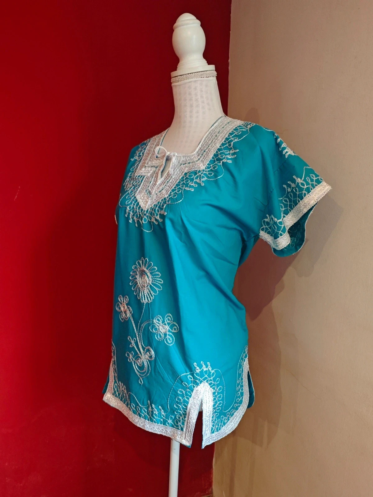 🌺 Preciosa blusa estilo étnico/boho en color turquesa y bordados en blanco – Vintage Dressing – taille XXXL / 46 / 18 2
