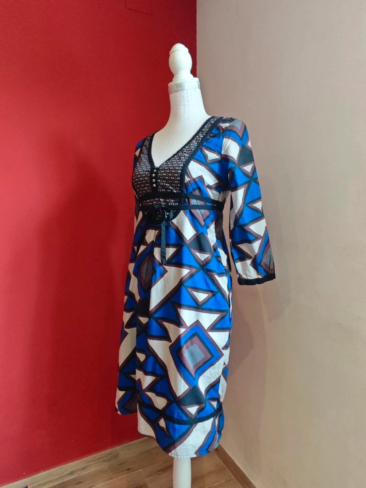 🌺 Bonito vestido de algodón estampado geométrico tonos azul, beige, morado y negro – CNB – taille L / 40 / 12 2