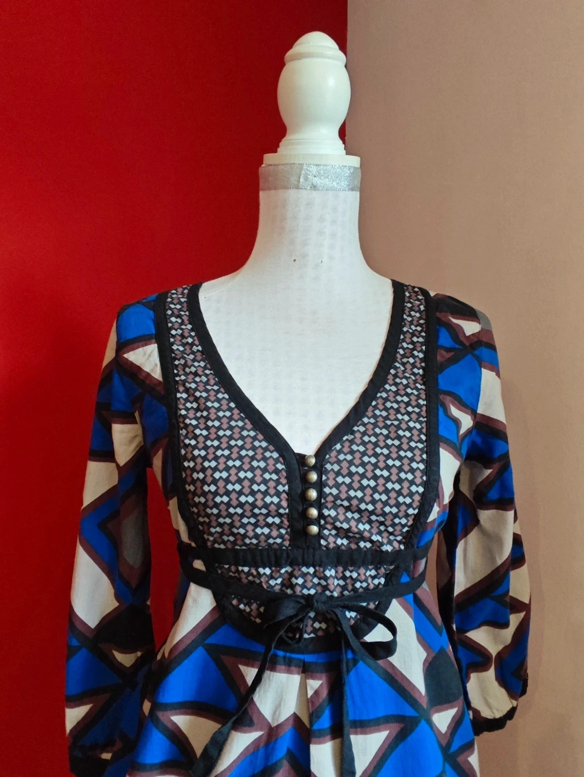 🌺 Bonito vestido de algodón estampado geométrico tonos azul, beige, morado y negro – CNB – taille L / 40 / 12 3