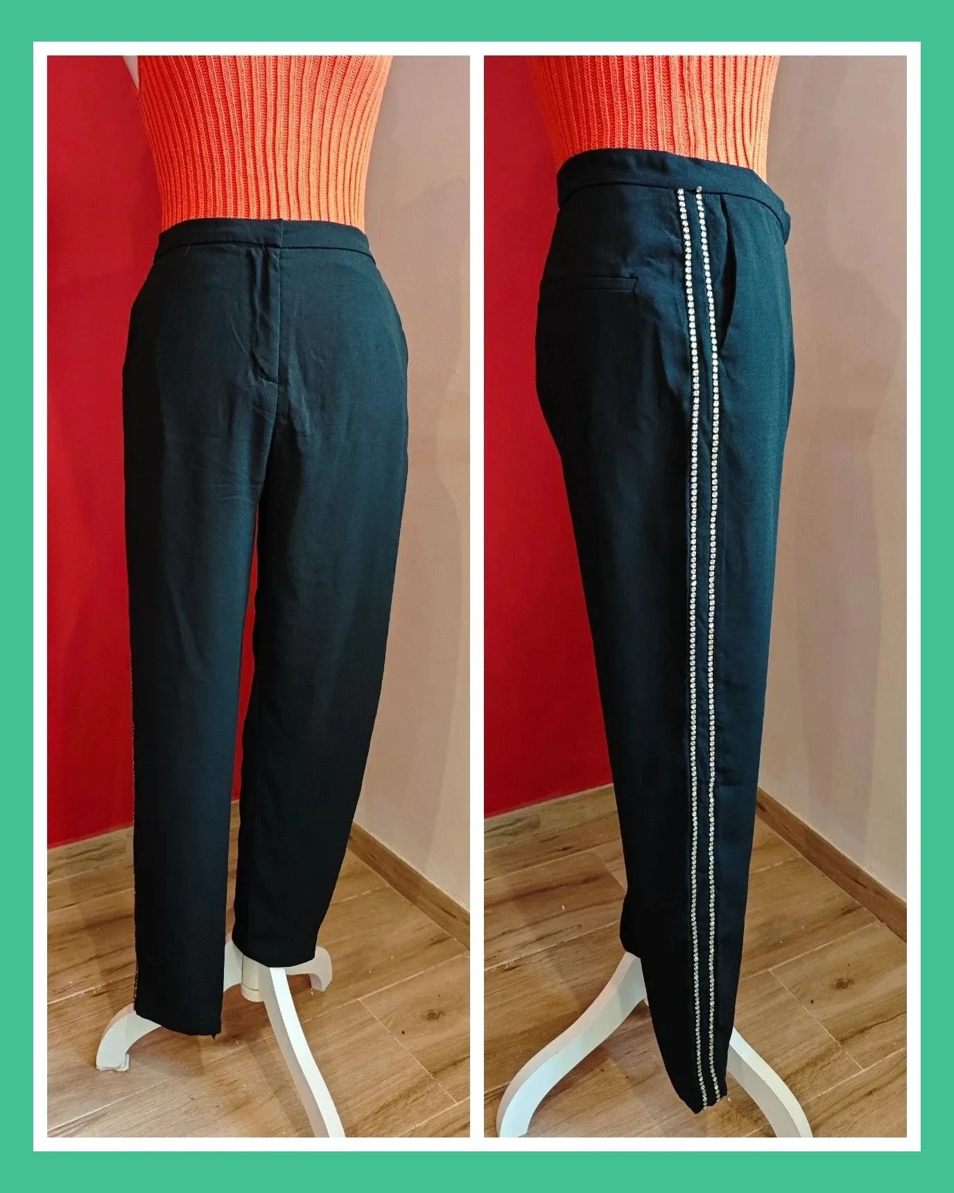 🌺Elegante pantalón negro de tela fina con dos tiras de brillantes en laterales, talla S