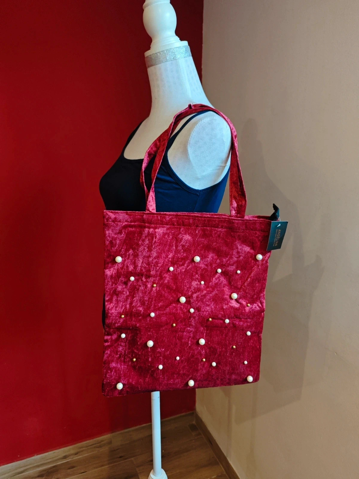 🌺 Precioso bolso de terciopelo granate con perlas y bolitas doradas