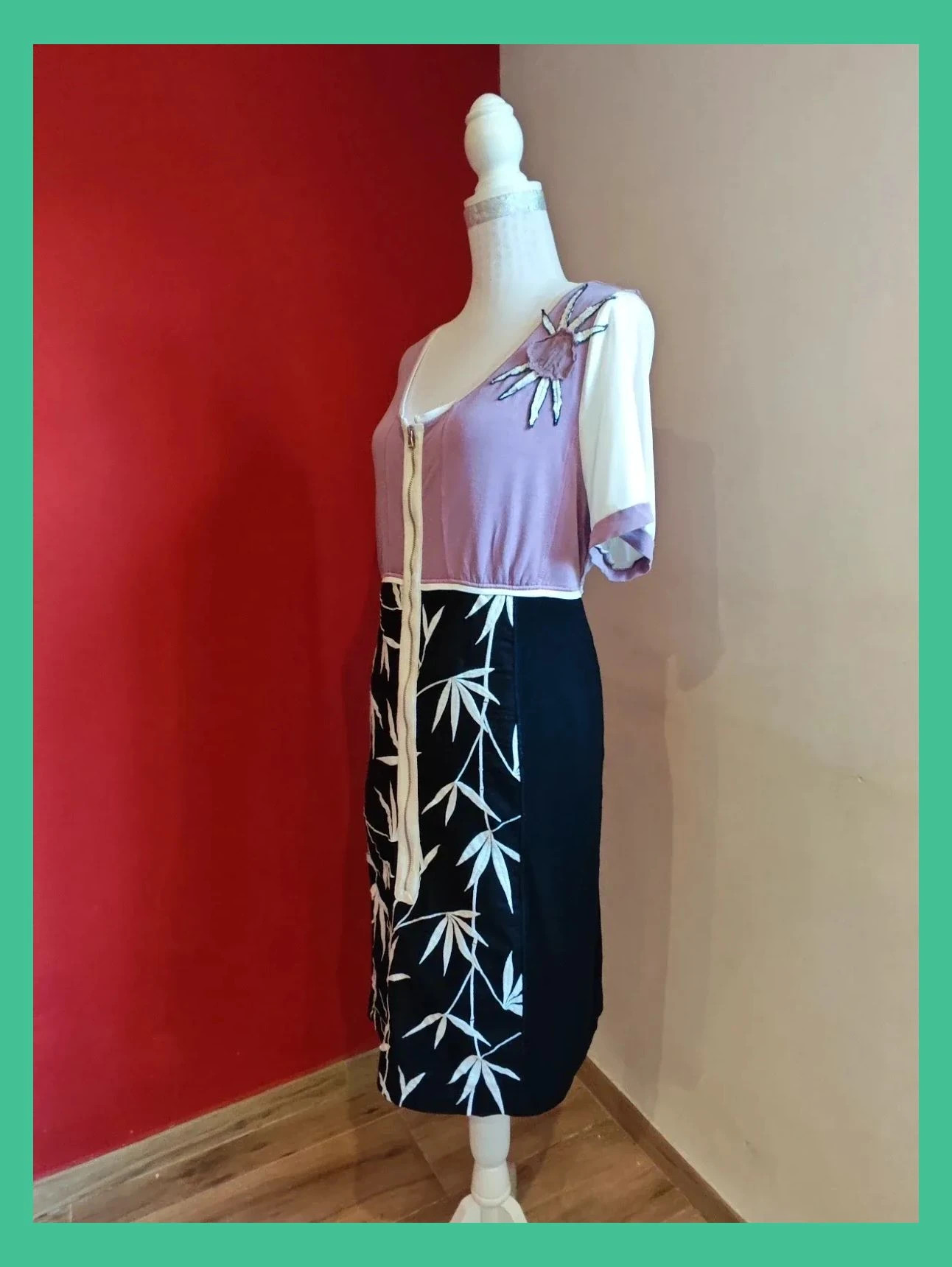 🌺 Vestido negro y lila con hojas bordadas en la falda y cremallera frontal – Vintage Dressing – taille XXL / 44 / 16 2
