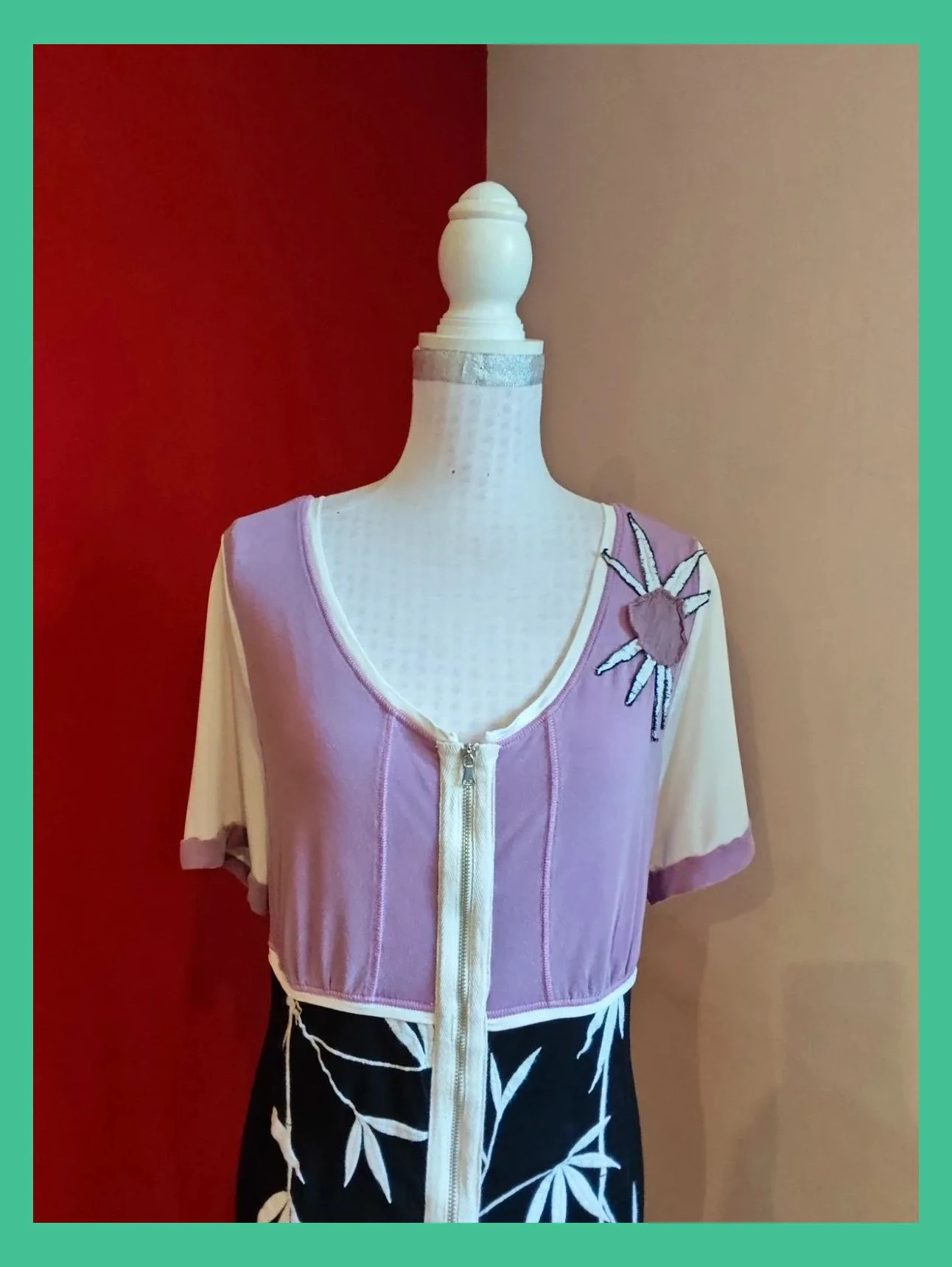 🌺 Vestido negro y lila con hojas bordadas en la falda y cremallera frontal – Vintage Dressing – taille XXL / 44 / 16 3