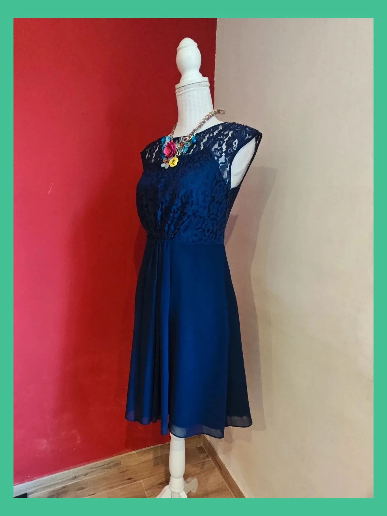 🌺 Elegante vestido de gasa y blonda azul marino – Coast – taille L / 40 / 12 3
