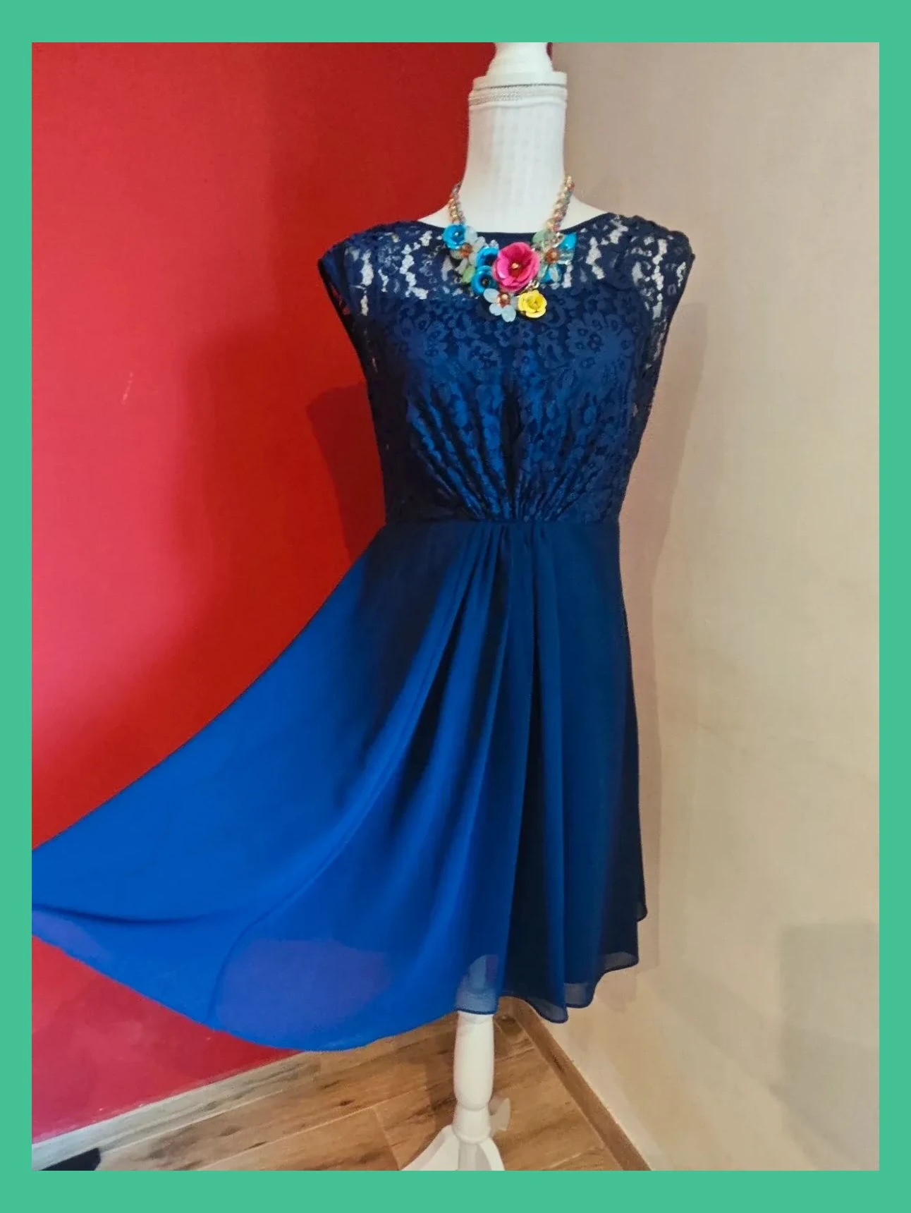 🌺 Elegante vestido de gasa y blonda azul marino – Coast – taille L / 40 / 12 2