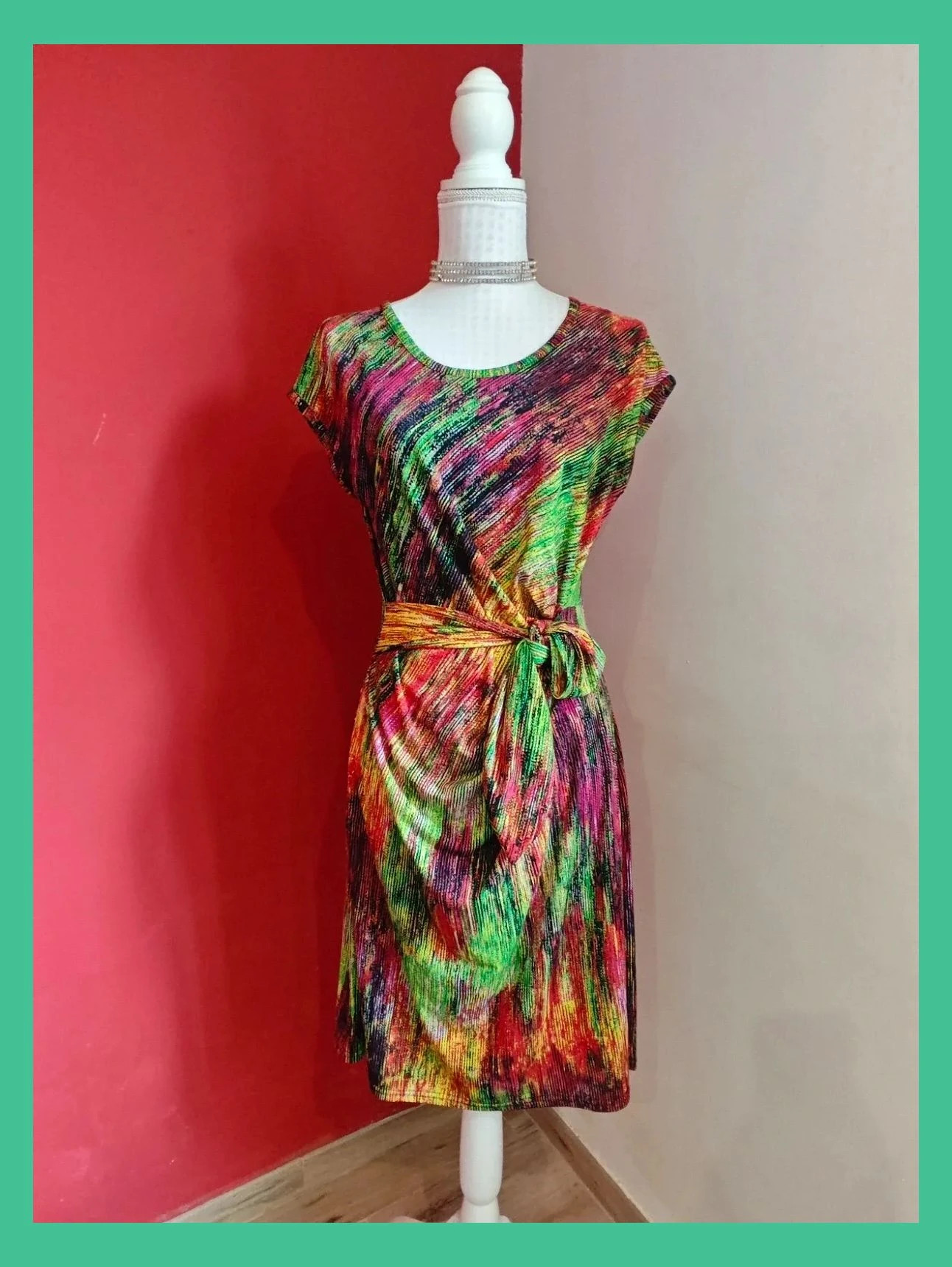 🌺 Llamativo vestido estampado multicolor con fruncido y lazo en cintura – bdba – taille XL / 42 / 14 2