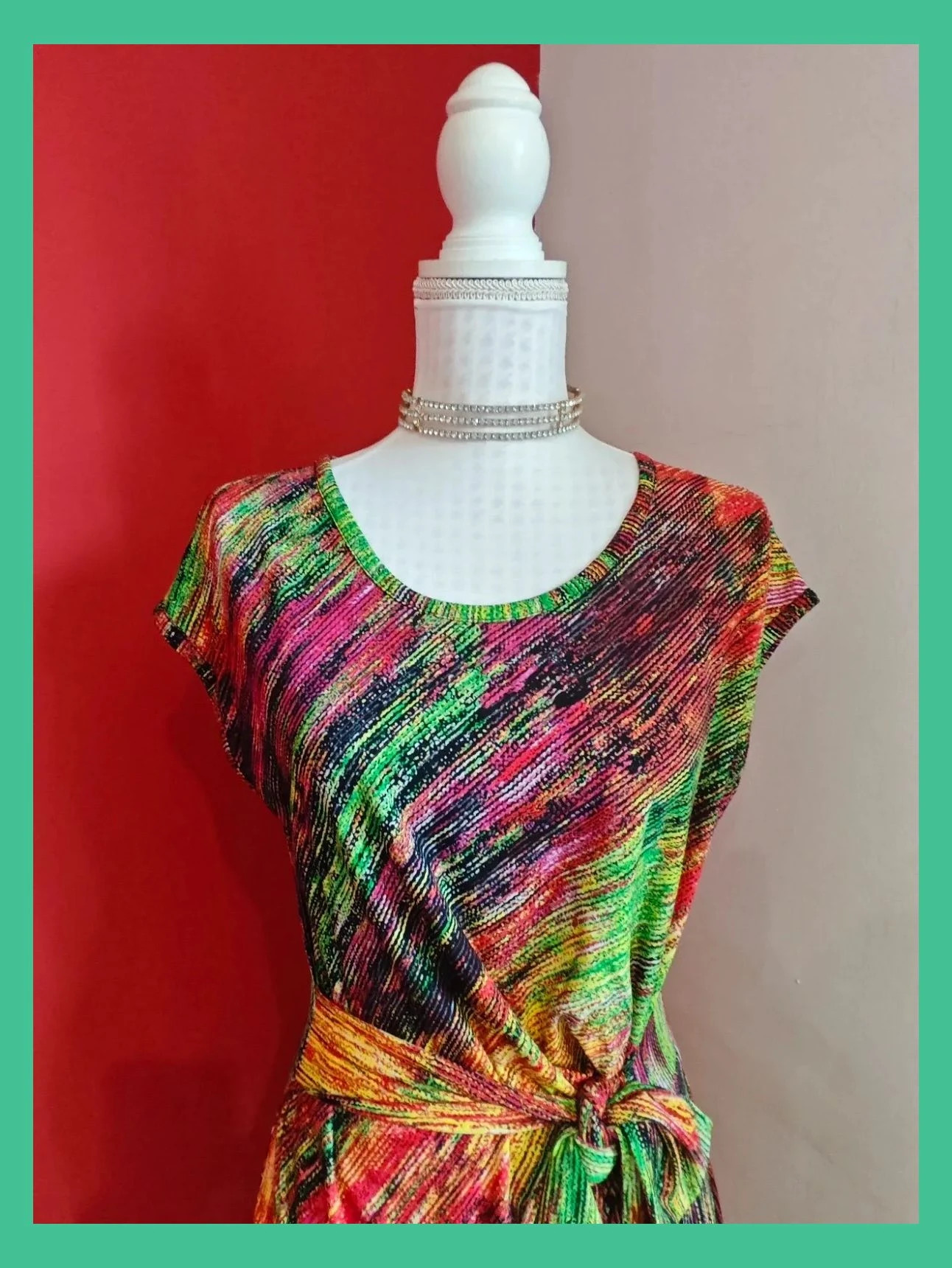 🌺 Llamativo vestido estampado multicolor con fruncido y lazo en cintura – bdba – taille XL / 42 / 14 3