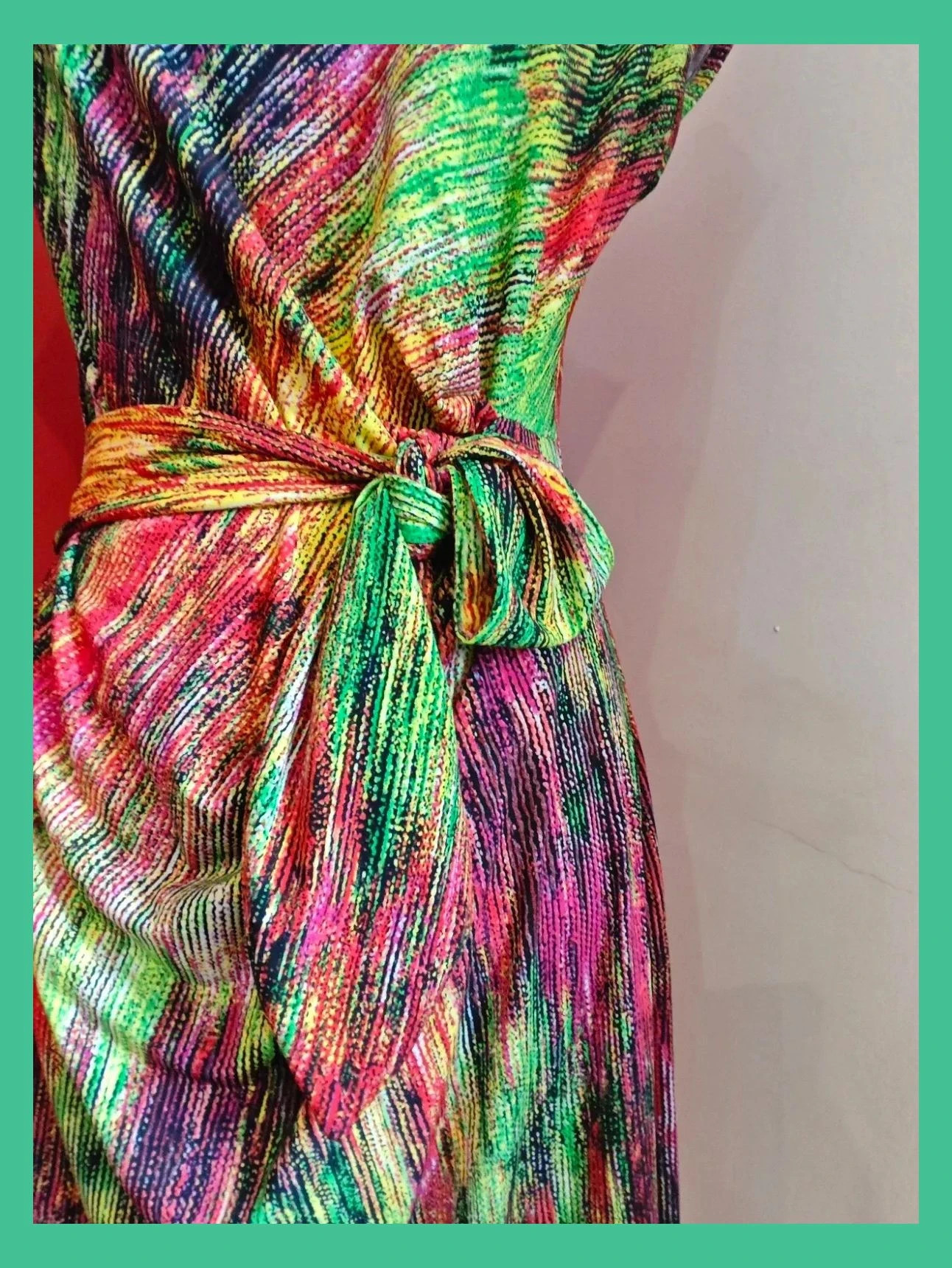 🌺 Llamativo vestido estampado multicolor con fruncido y lazo en cintura – bdba – taille XL / 42 / 14 5