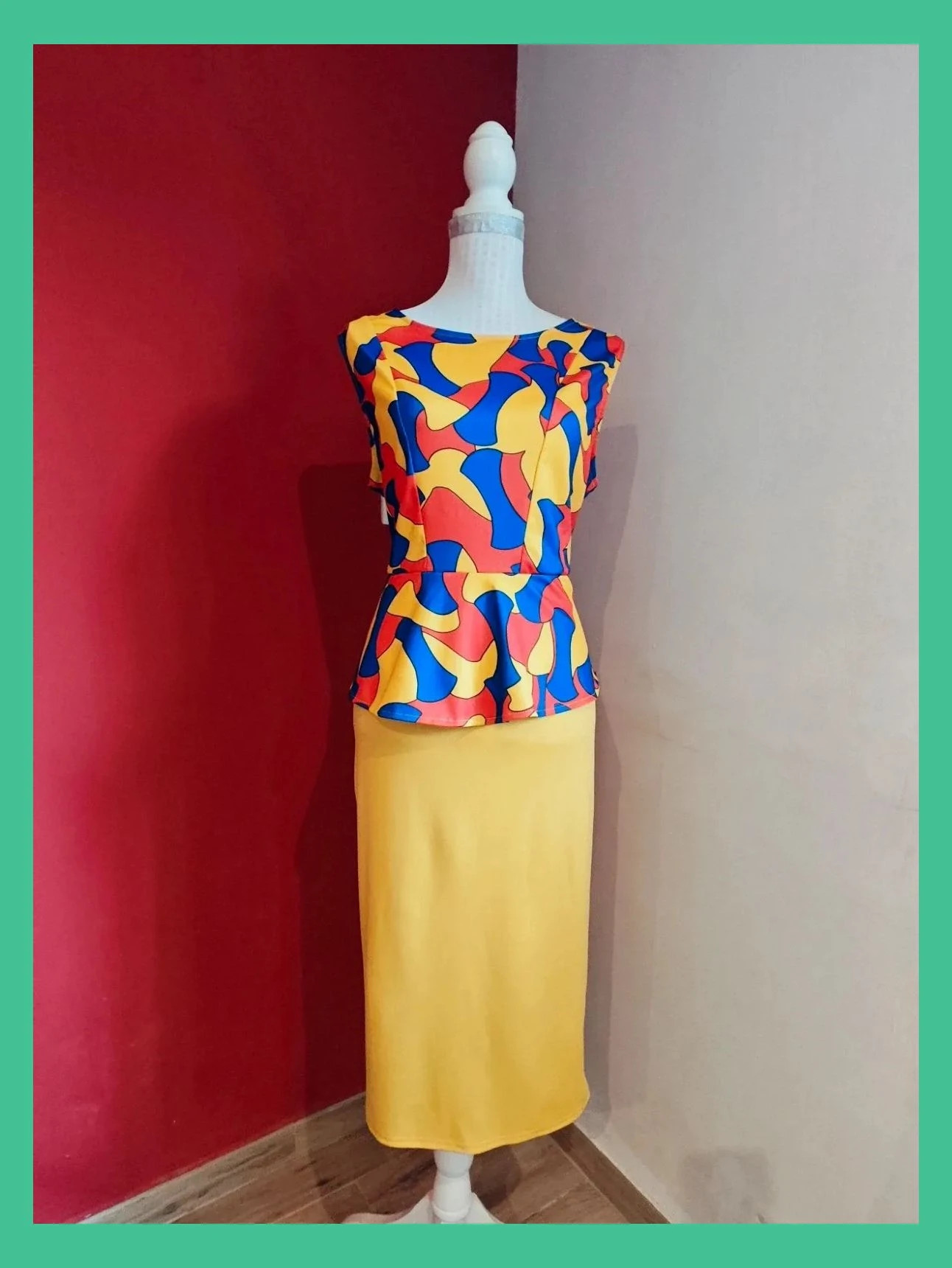 🌺 Vestido entallado con volante en cintura, estampado multicolor arriba y falda amarilla – Vintage – taille XXL / 44 / 16 2