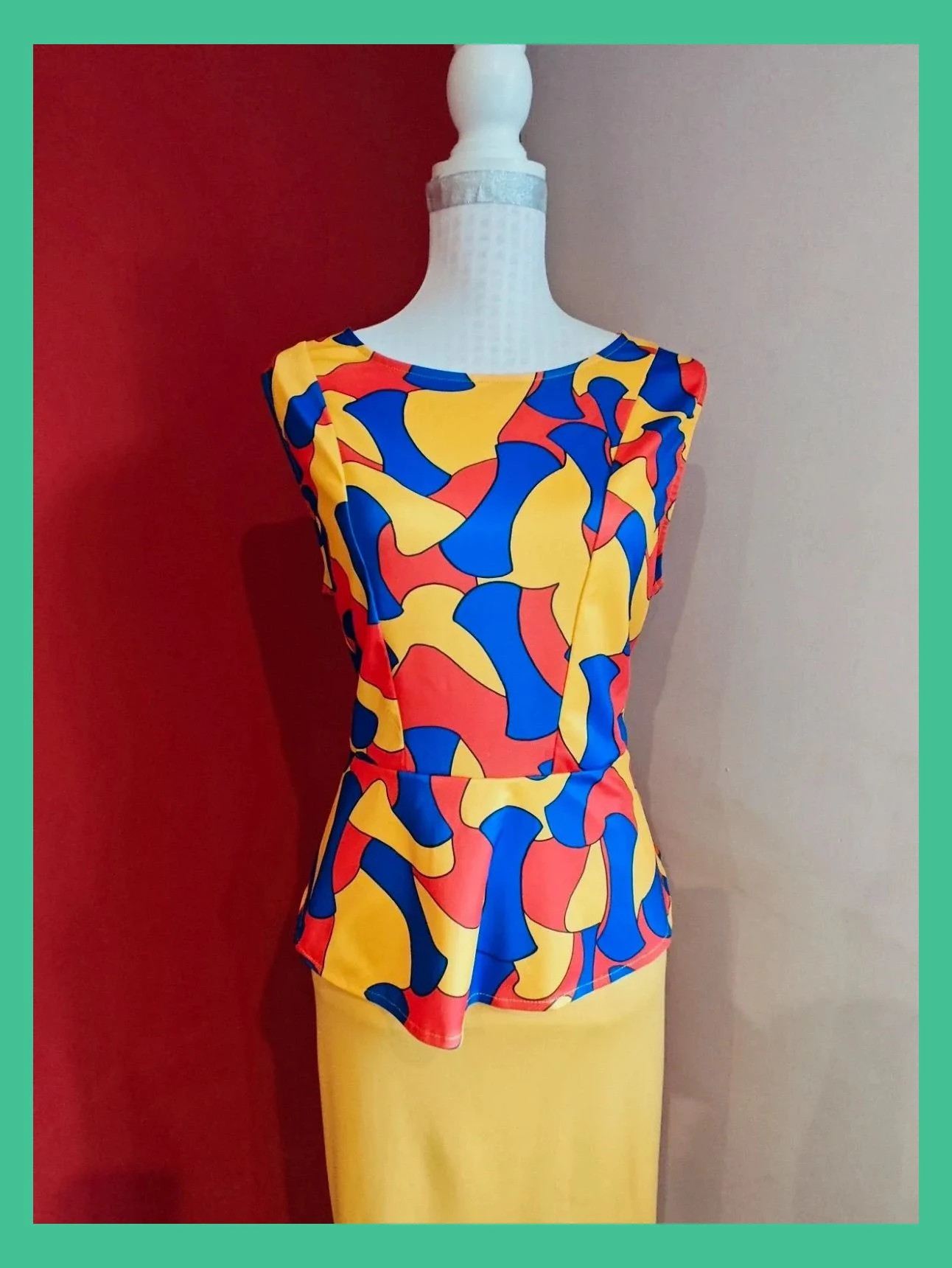 🌺 Vestido entallado con volante en cintura, estampado multicolor arriba y falda amarilla – Vintage – taille XXL / 44 / 16 3