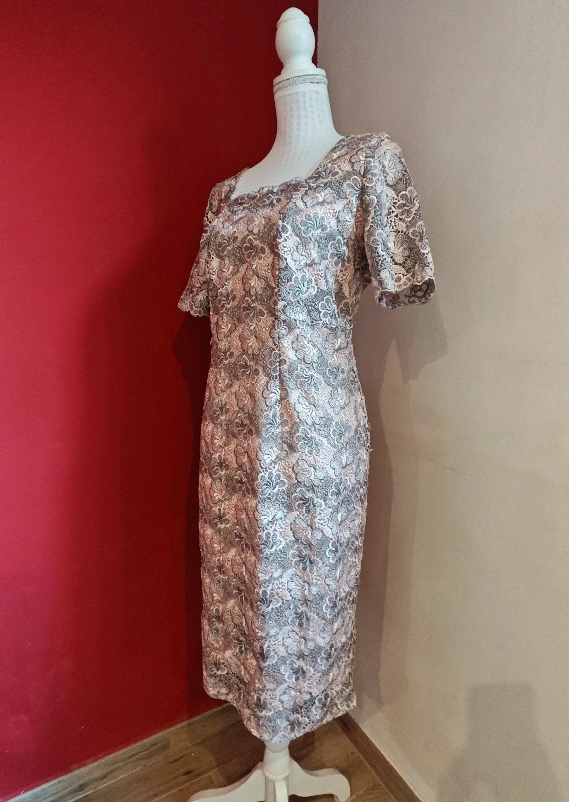 🌺 Precioso vestido para eventos blonda rosa y gris – L.DOMINGUEZ – taille XXL / 44 / 16