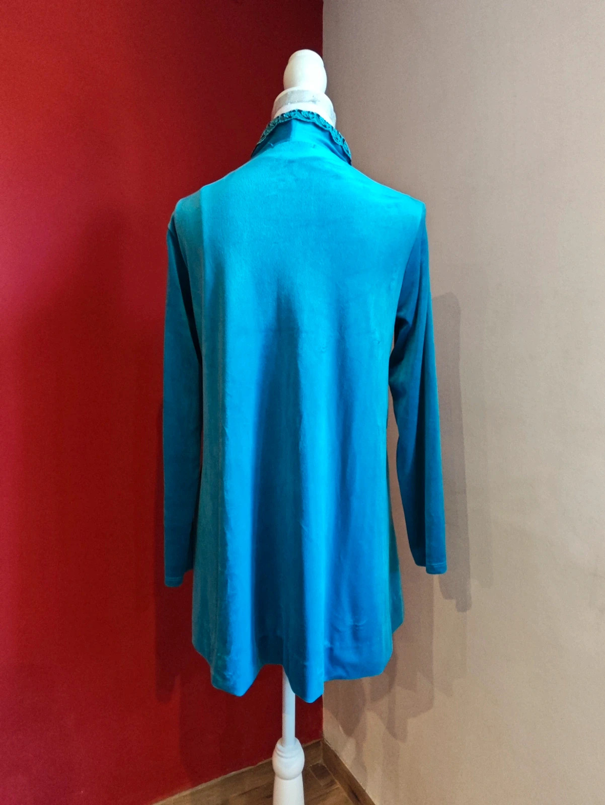 🌺Blazer larga de terciopelo azul turquesa con cinta de pasamanería con flores marrones – Made In Italy – taille XXXL / 46 / 18 4