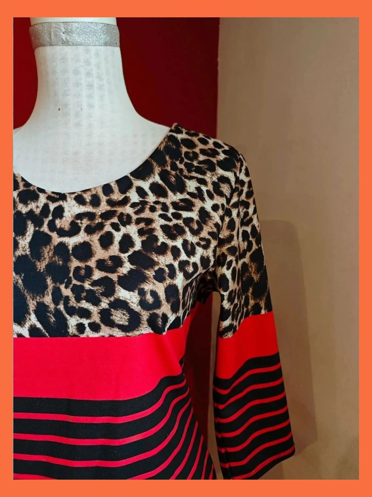 🌺 Vestido entallado con rayas rojo y negro y arriba estampado animal print – MustHaves By Elja – taille XL / 42 / 14 3
