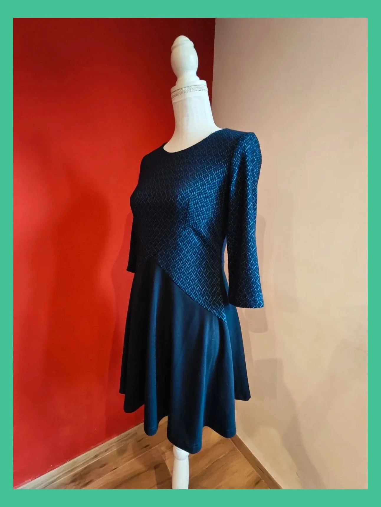 🌺Elegante vestido de punto negro y en la parte superior con rombos negros y tonos aguamarina – Sweet Miss – taille M / 38 / 10 2