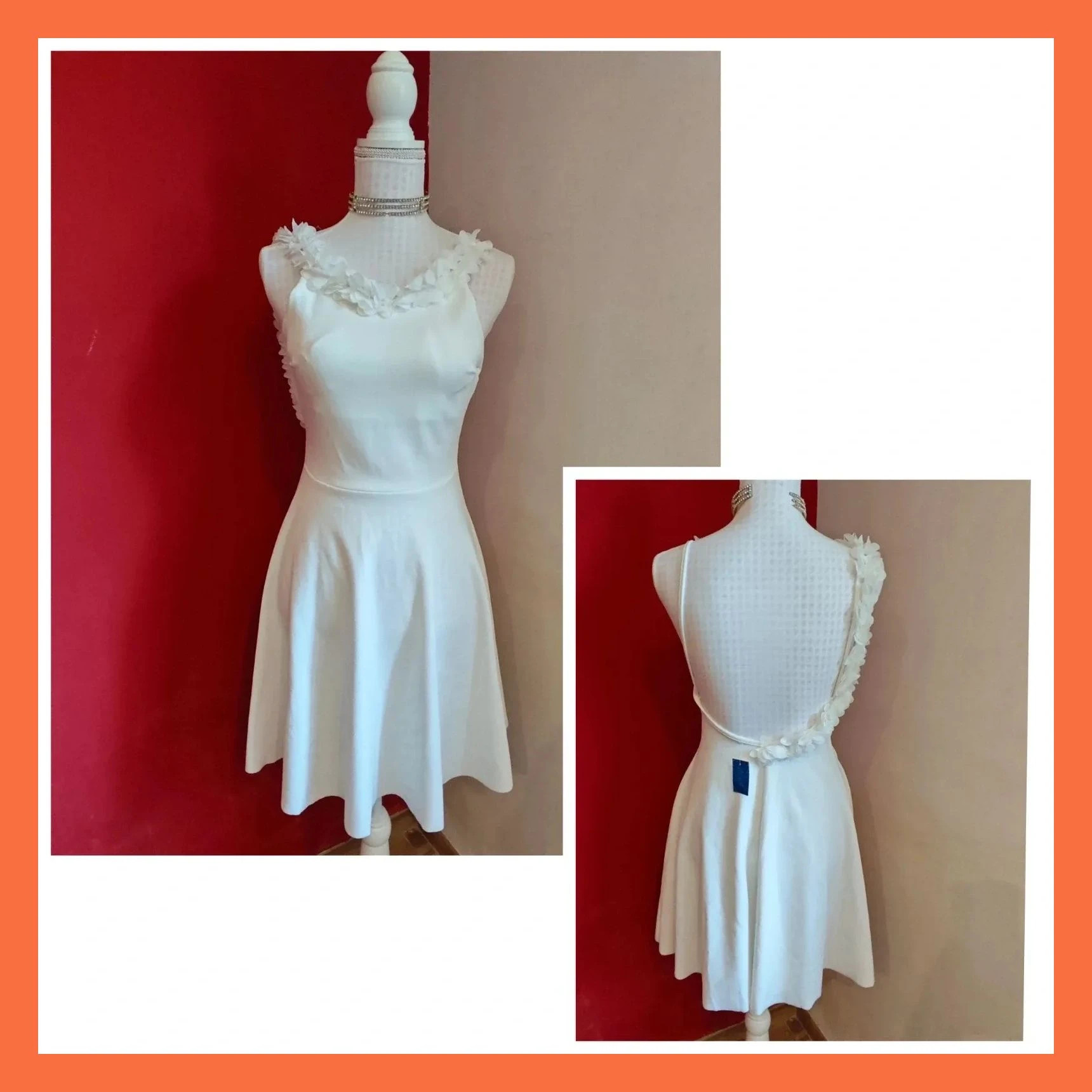 🎁 Espectacular vestido blanco con flores de gasa en escote y tirante trasero