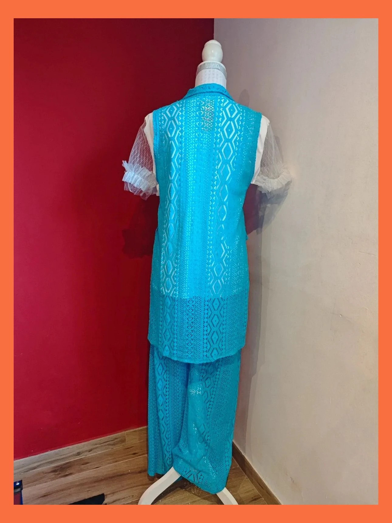 🌺Conjunto 3 piezas blazer larga sin mangas y pantalón blonda azul turquesa y camiseta blanca – Variadas. – taille L / 40 / 12 5