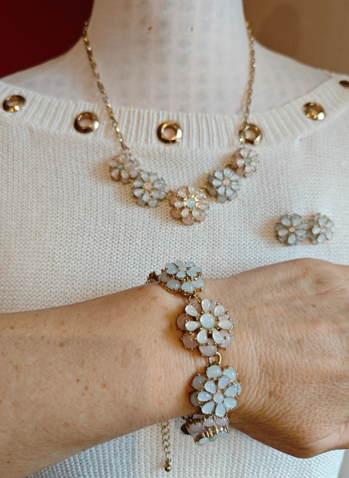 🌺 Conjunto de gargantilla, pulsera y pendientes con abalorios rosa y azul