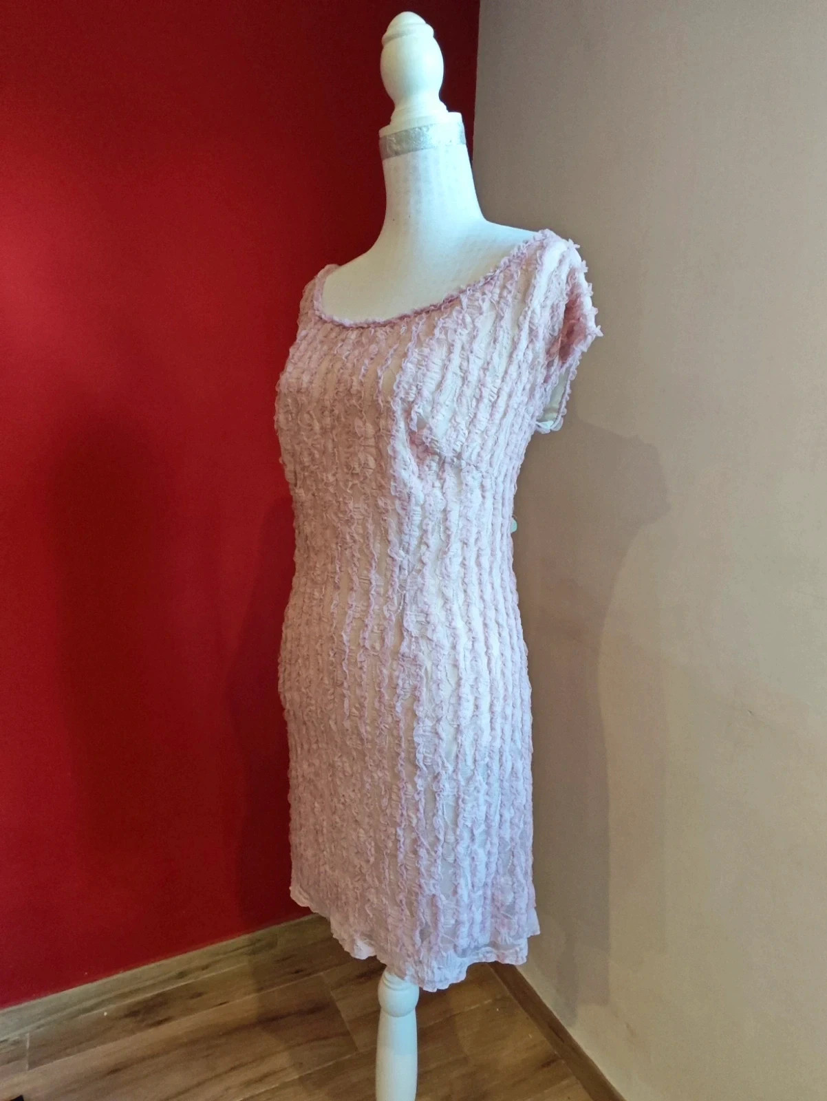 🌺 Vestido de gasa elástica rosa con volantitos – Vintage Dressing – taille XXXL / 46 / 18 2