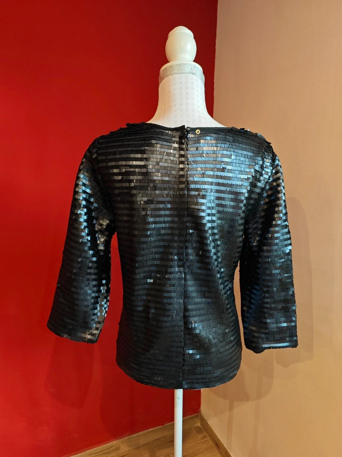 🌺Blusa de gasa color navy, prácticamente negro, cubierta de pailettes, talla XL – Amenapih – taille XL / 42 / 14 5