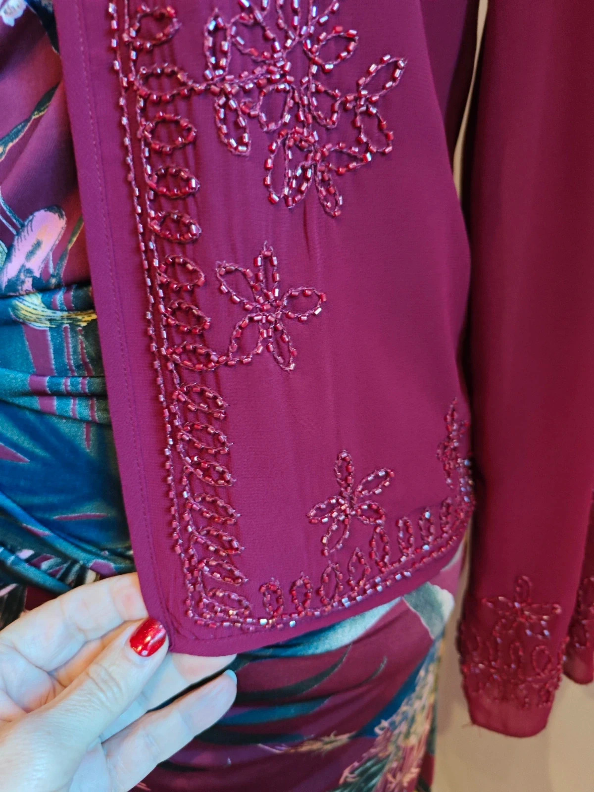 🌺 Blazer de gasa granate con abalorios – Top Queens – taille L / 40 / 12 4