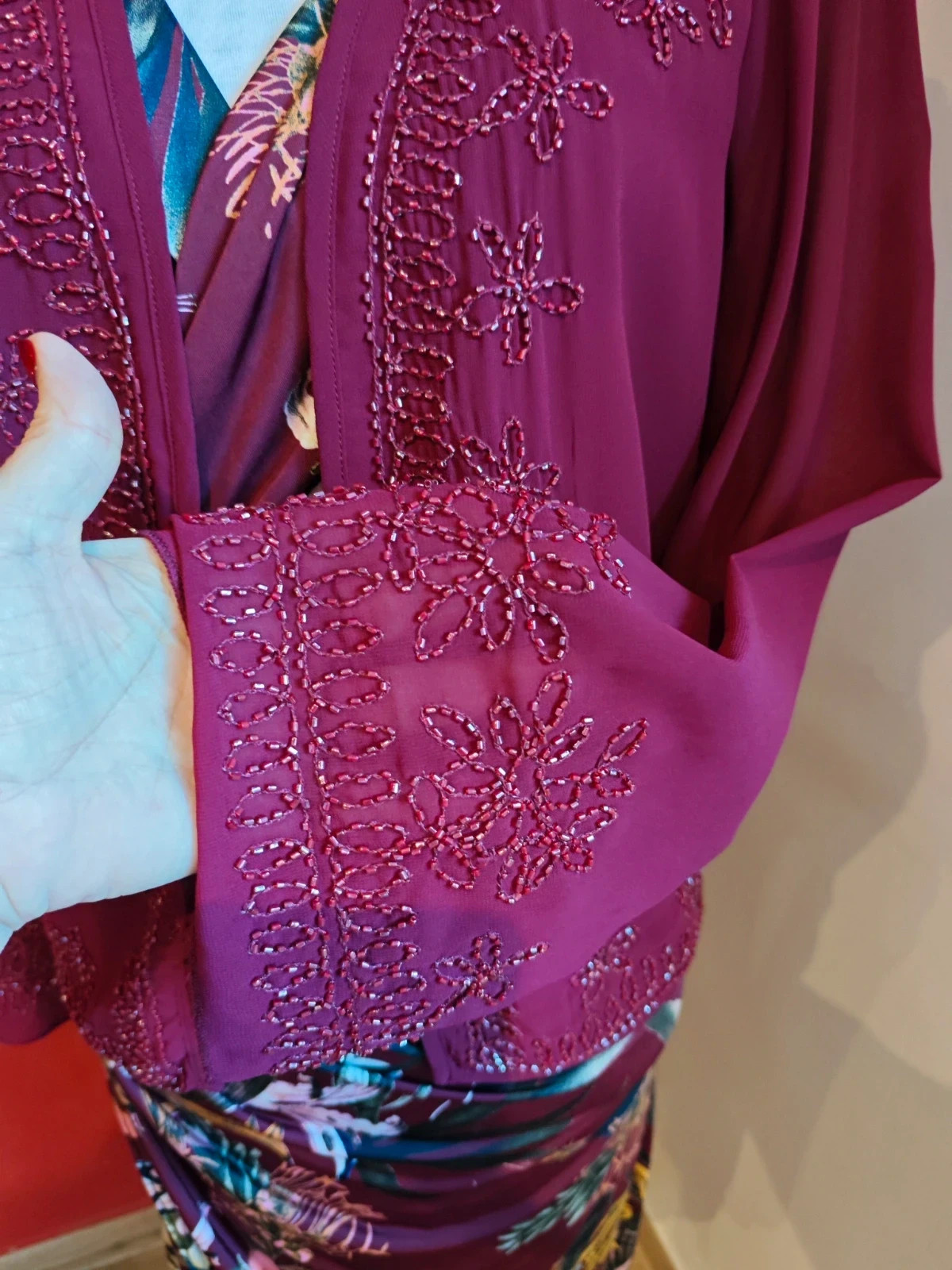 🌺 Blazer de gasa granate con abalorios – Top Queens – taille L / 40 / 12 5