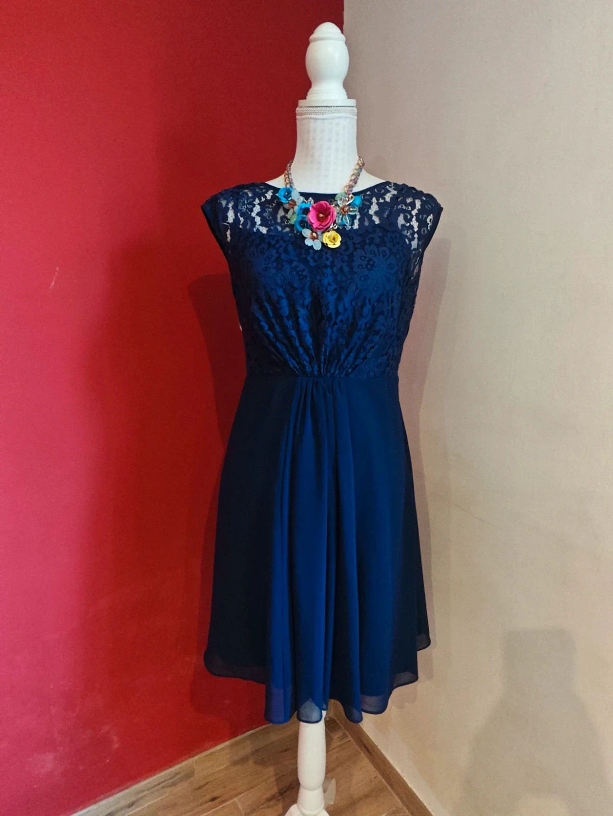 🌺 Elegantisimo vestido de gasa y blonda azul marino – Coast – taille L / 40 / 12 2