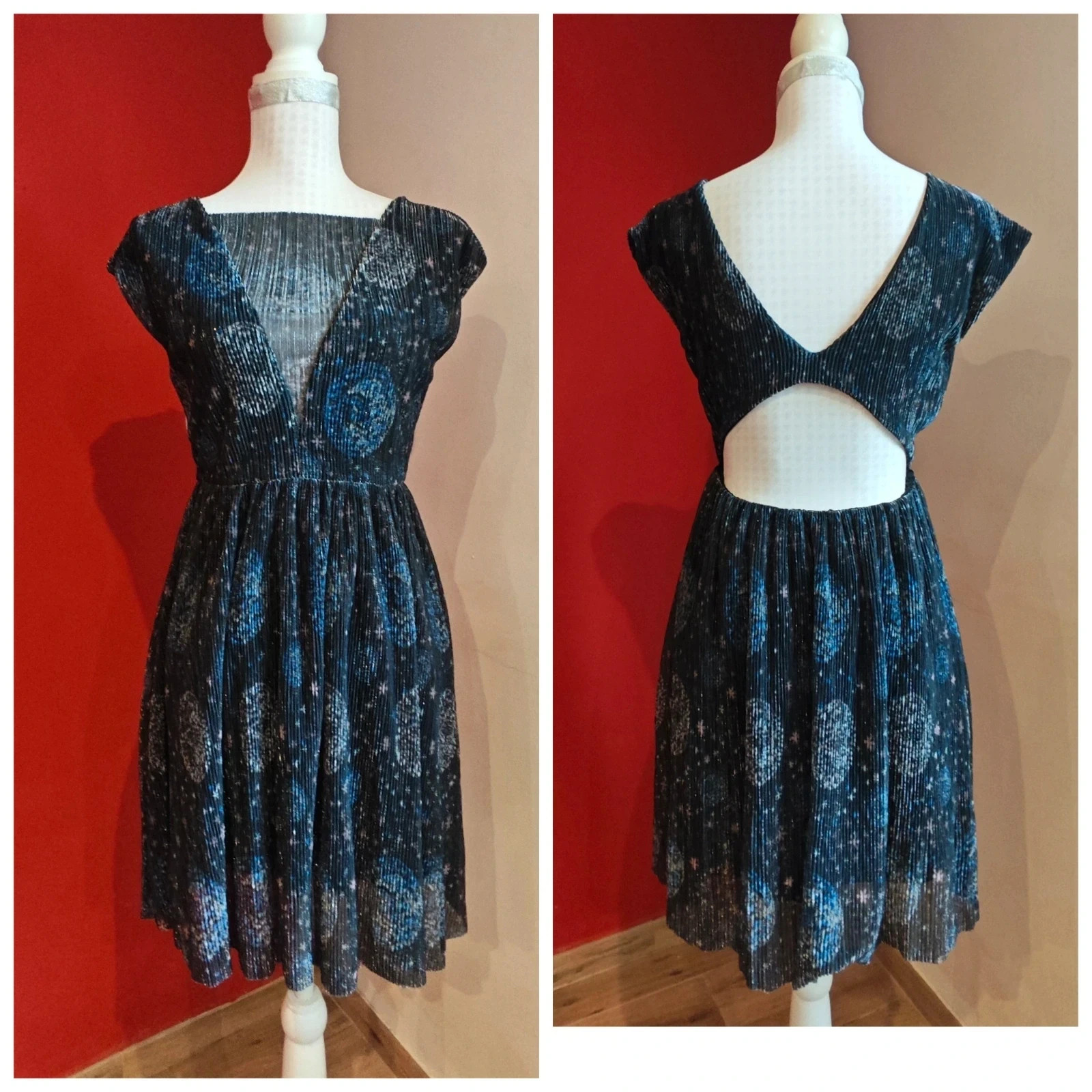 🌺Precioso vestido para eventos de gasa plisada negra con brillos plateados y espalda abierta – Clockhouse – taille M / 38 / 10 2