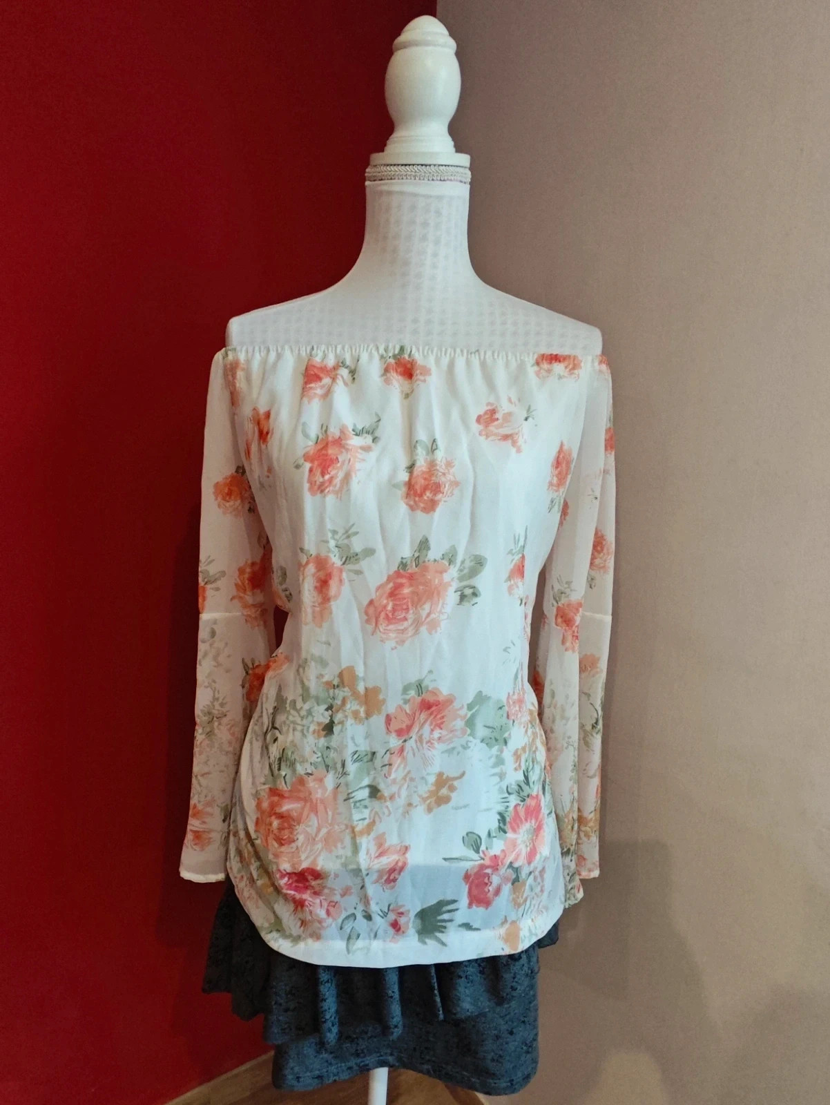 🌺Blusa de gasa blanca con estampado floral y escote elástico – taille XL / 42 / 14 3