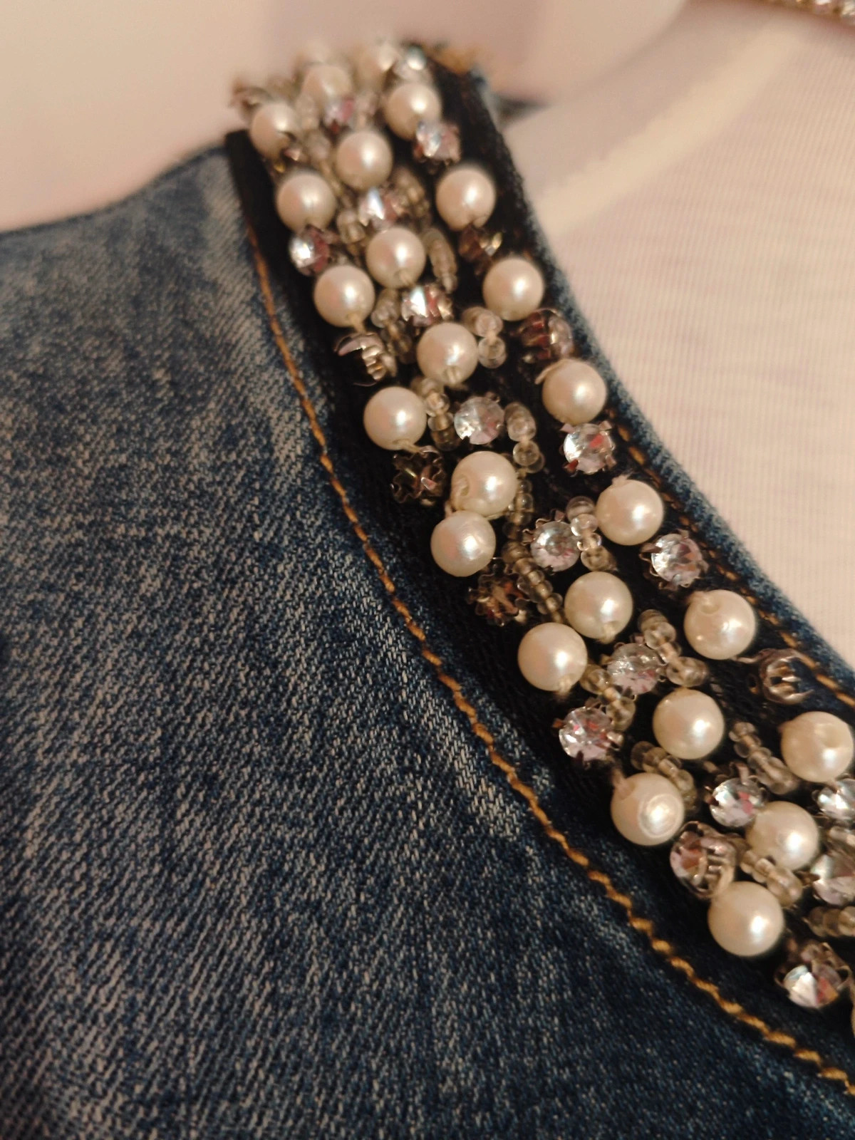 🌺 Chaqueta corta vaquera super chula con cuello de perlas y brillantes – Water Jeans – taille XL / 42 / 14 4