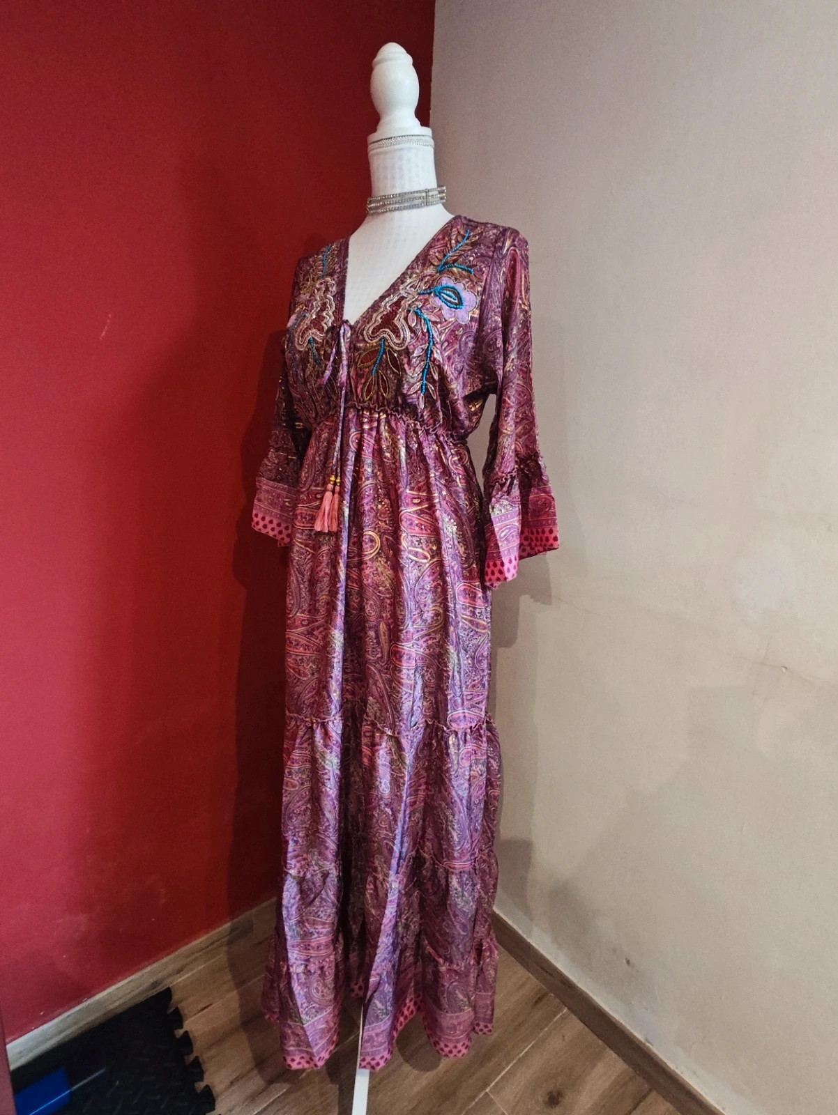 🌺 Maravilloso vestido largo de seda estilo boho estampado cachemir tonos rosas y dorados – boho fashion – taille XXXL / 46 / 18 3