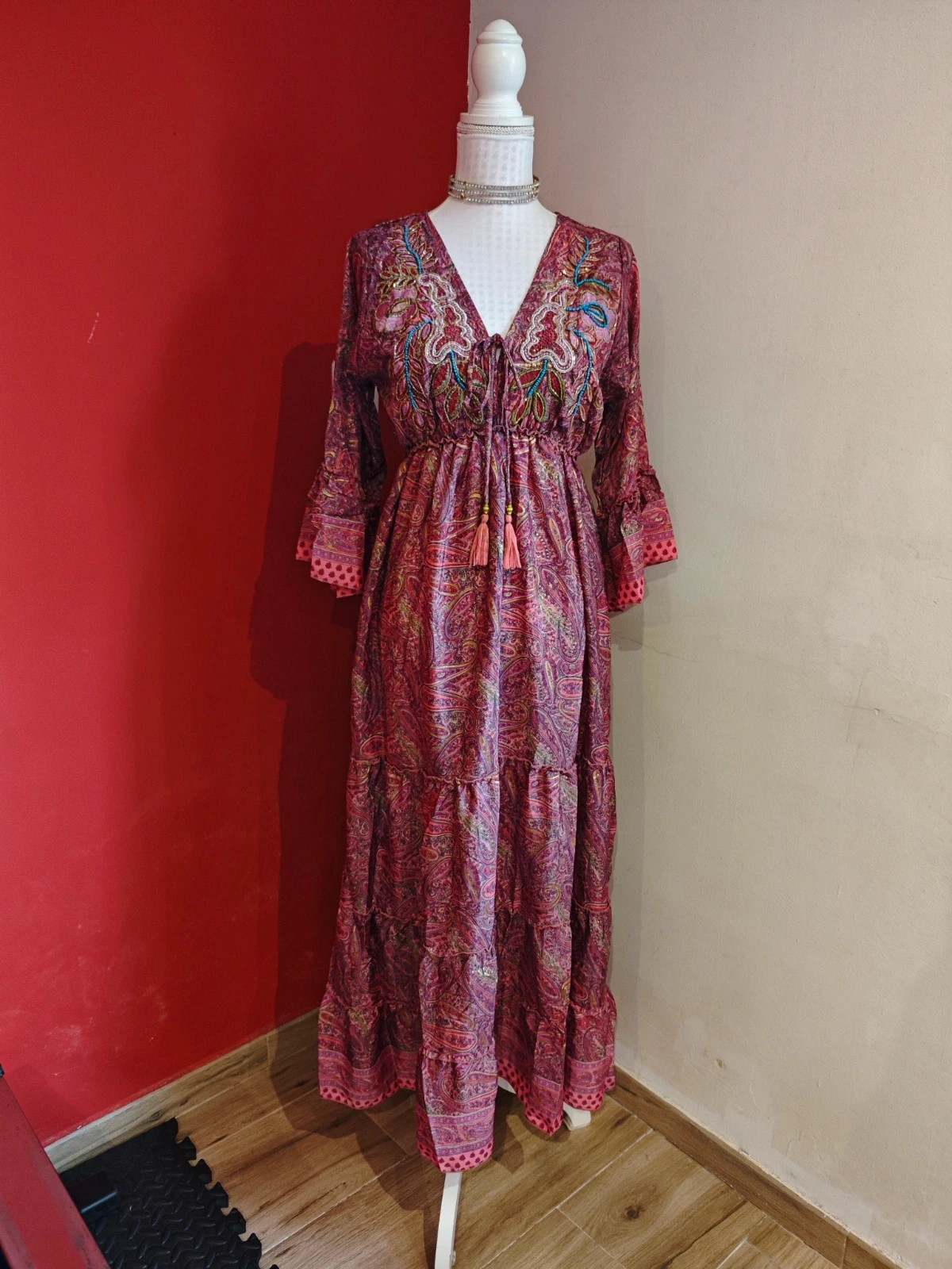🌺 Maravilloso vestido largo de seda estilo boho estampado cachemir tonos rosas y dorados – boho fashion – taille XXXL / 46 / 18 2