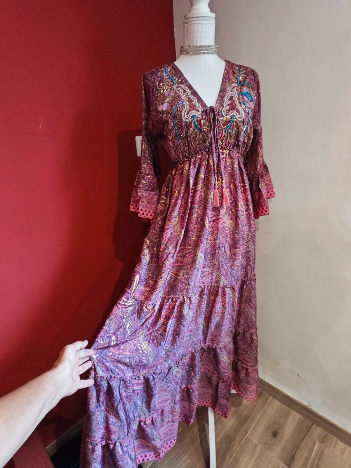🌺 Maravilloso vestido largo de seda estilo boho estampado cachemir tonos rosas y dorados – boho fashion – taille XXXL / 46 / 18 4