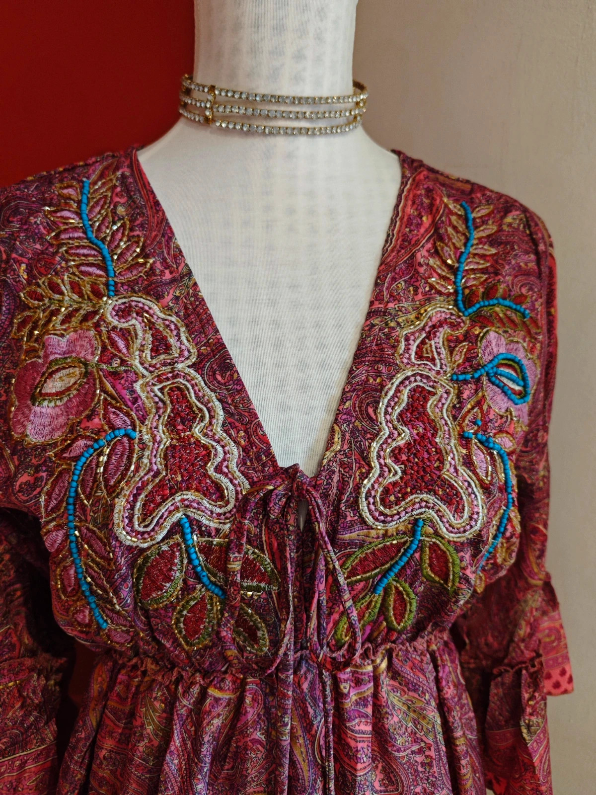🌺 Maravilloso vestido largo de seda estilo boho estampado cachemir tonos rosas y dorados – boho fashion – taille XXXL / 46 / 18 5