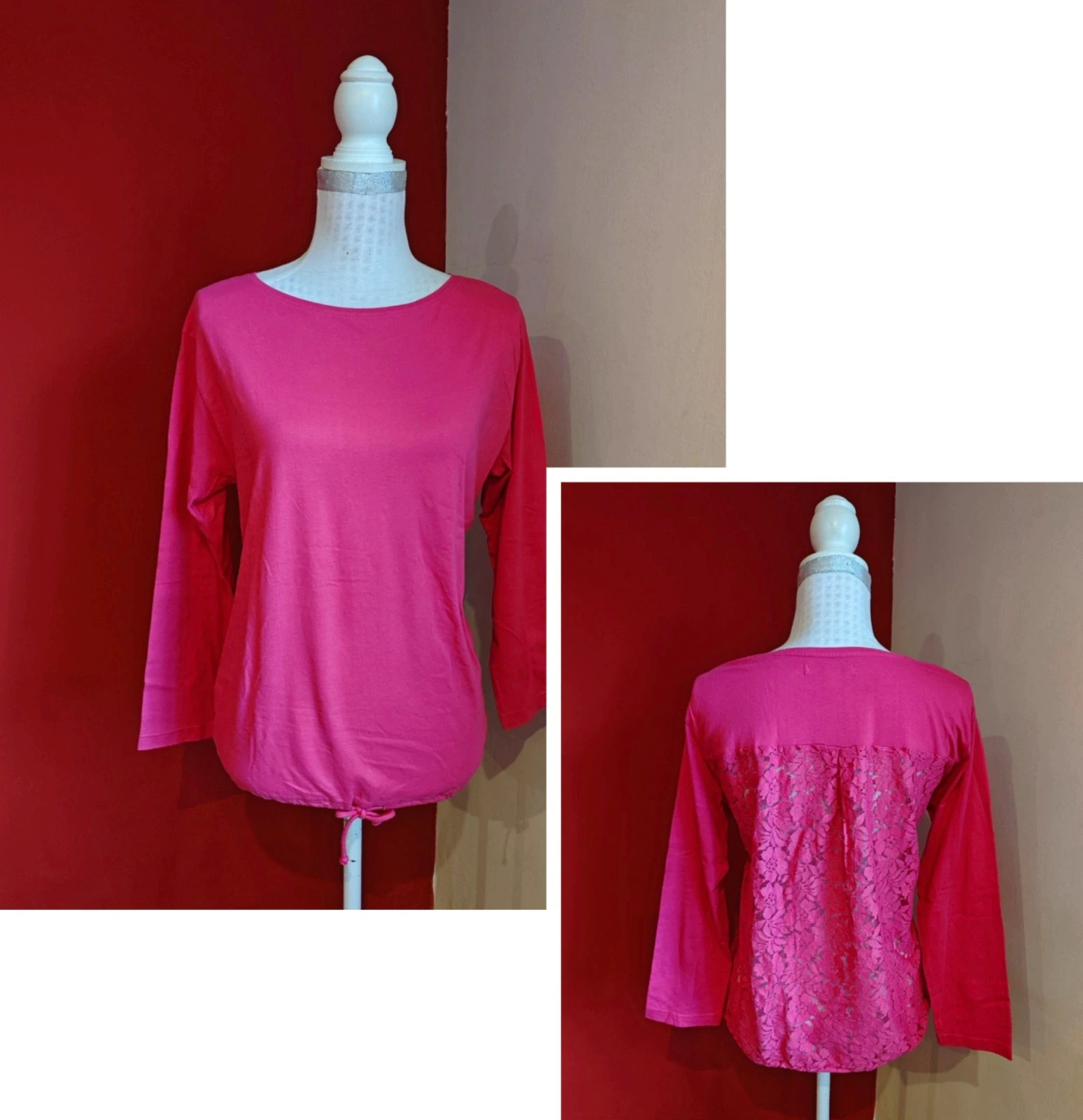 🌺 Original camiseta fucsia de algodón con espalda de blonda – Venca – taille XL / 42 / 14 2