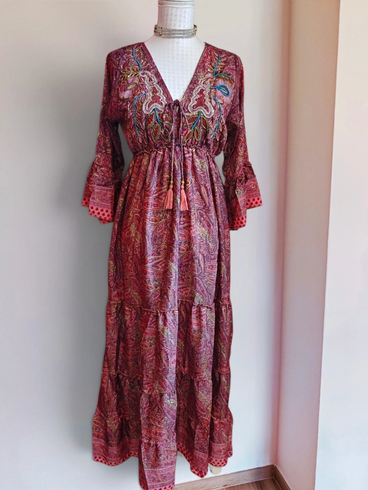 🌺 Maravilloso vestido largo de seda estilo boho estampado cachemir tonos rosas y dorados – boho fashion – taille XXXL / 46 / 18