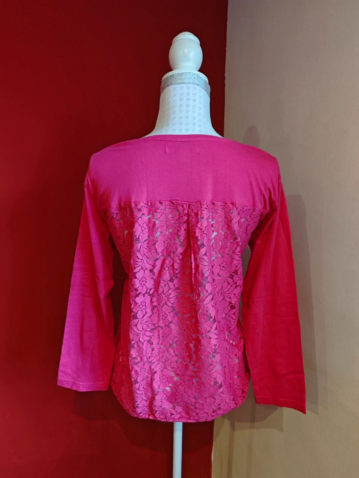 🌺 Original camiseta fucsia de algodón con espalda de blonda – Venca – taille XL / 42 / 14 5
